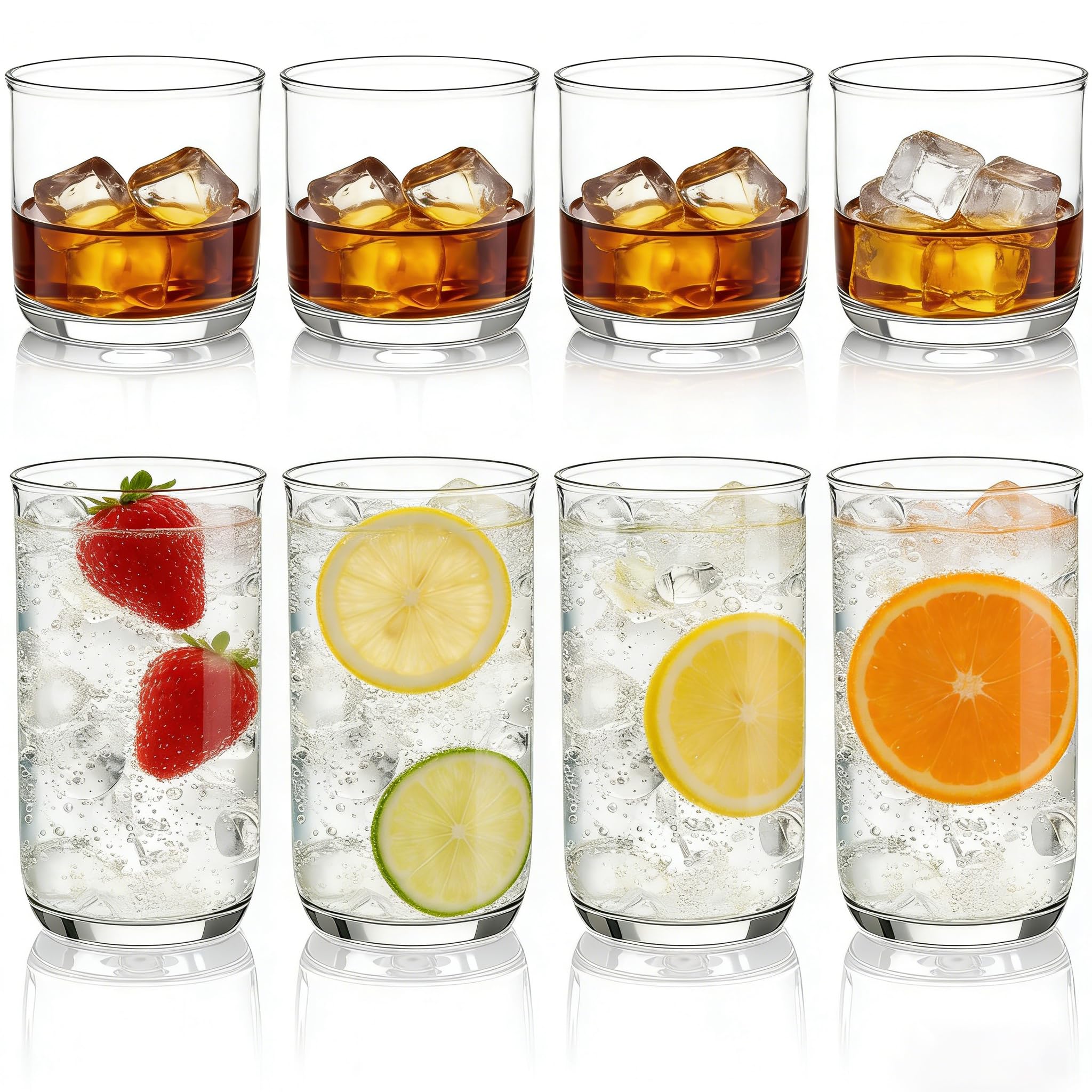 Berglander Drinking Glasses Set of 8, PET Clear Plastic Highball Glasses 420ml & Whiskey Cocktail Glasses Set 340ml, Heavy Duty Unbreakable Tumbler Glassware for Beverage, Beer, Juice, Milk