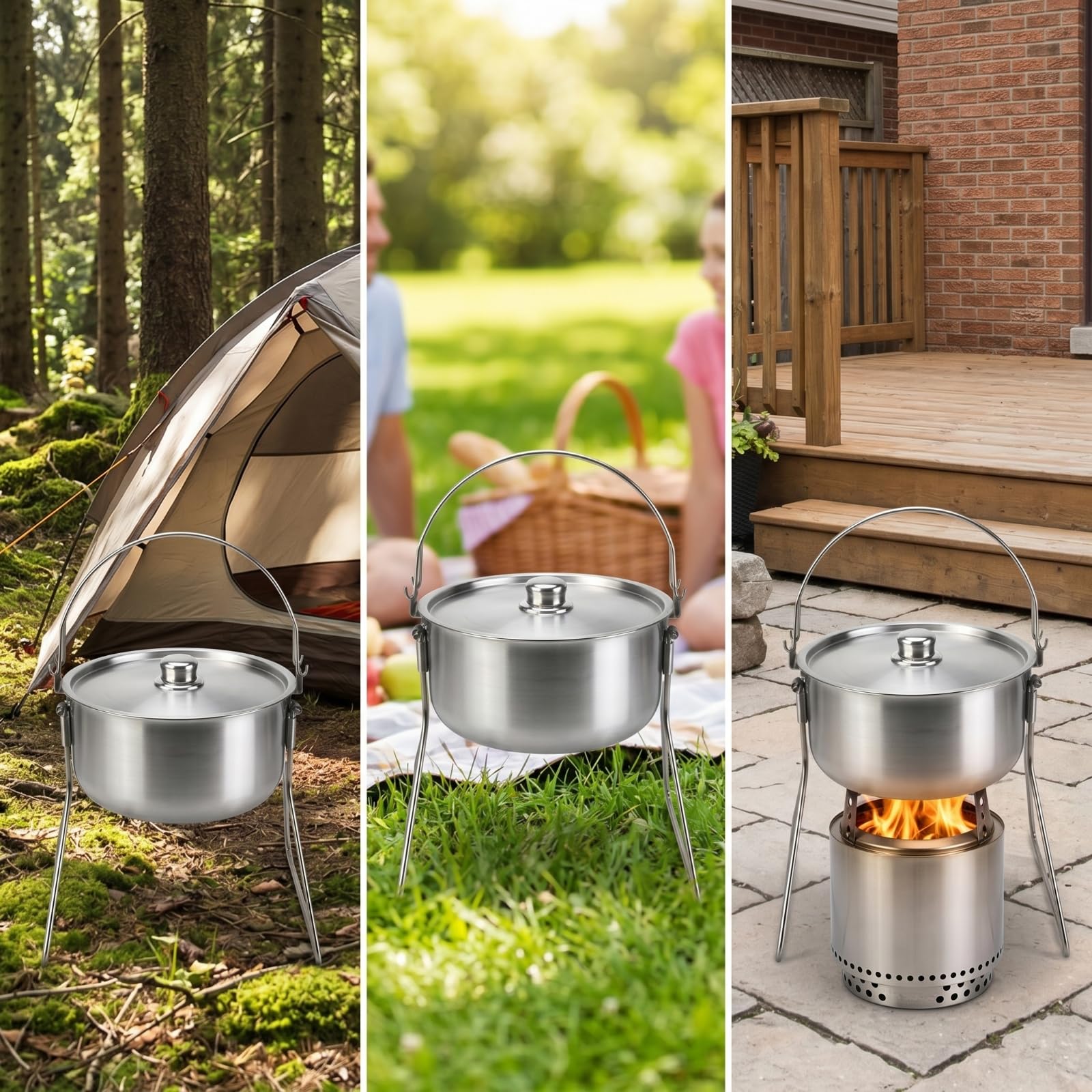 Baoblaze Casserole de Plein Air Pot Marmite Gamelle en Acier Inoxydable 304 avec Couvercle Arquée Conçue pour la sur Trépied pour Cuisson au