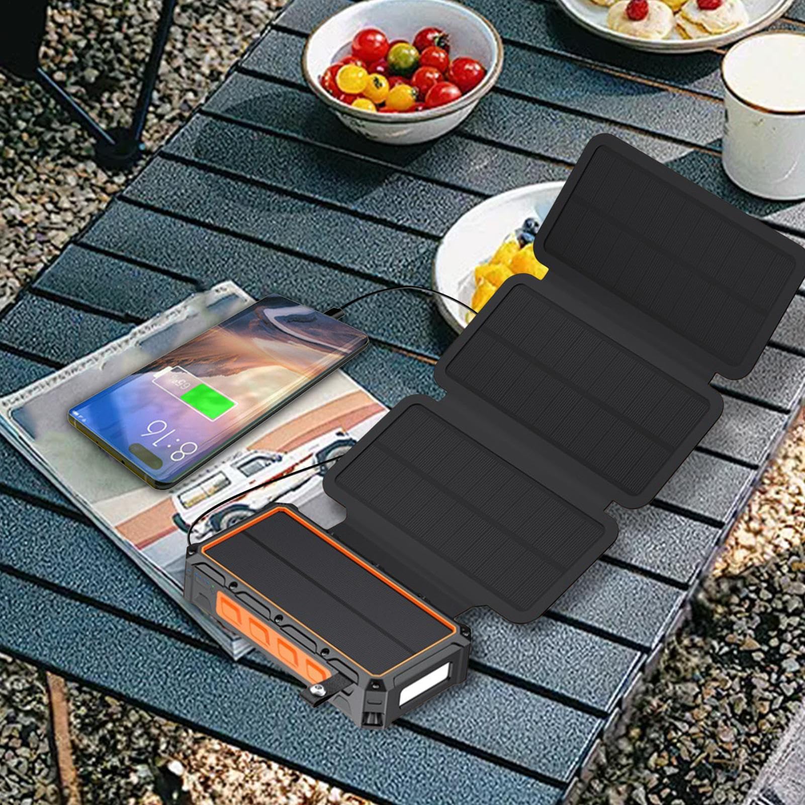 Power Bank Solare - Power Bank con Manovella Integrata e Luce LED | Ricarica Wireless, Allarme SOS e Bussola per Ciclismo, e Attività All’Aperto