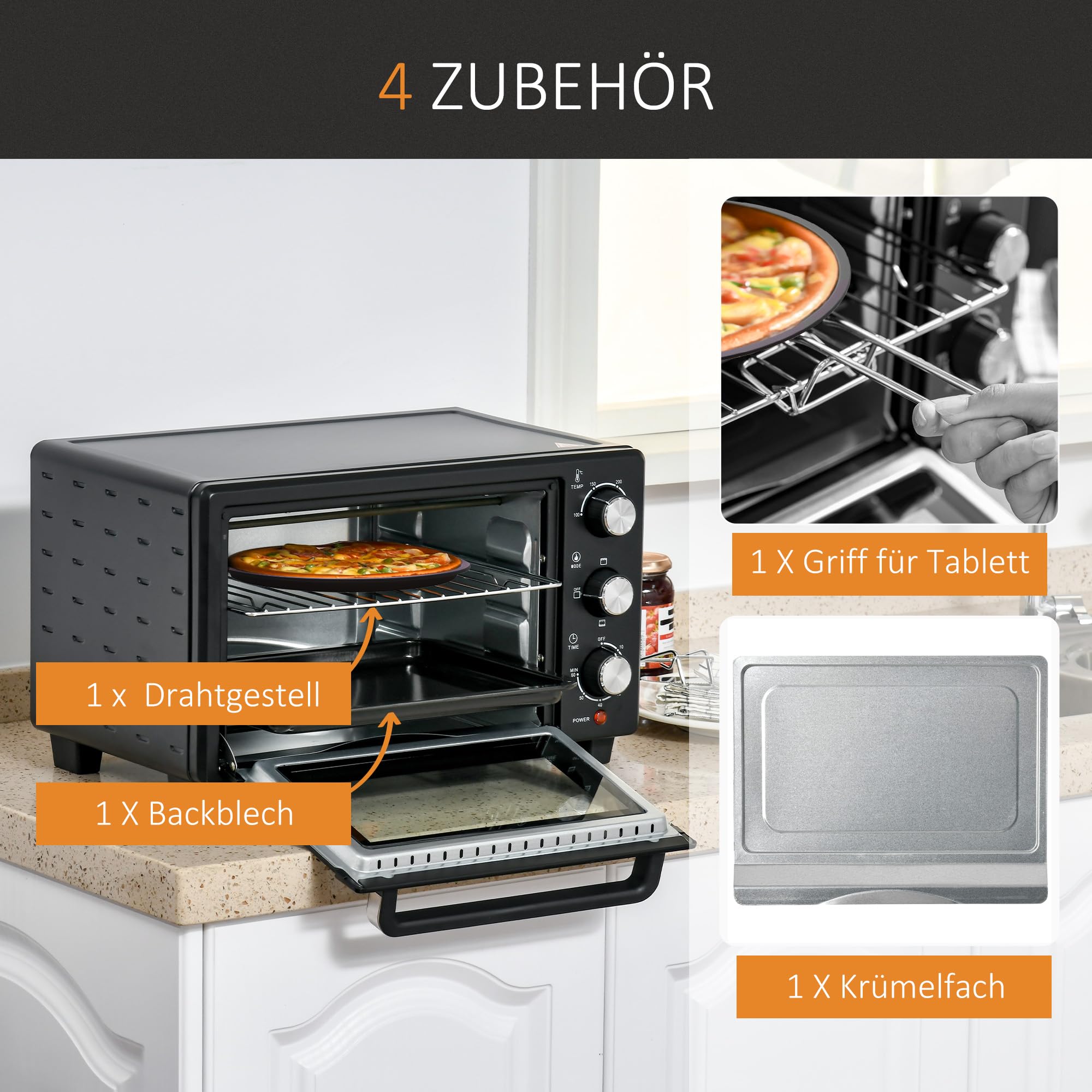 HOMCOM Mini Backofen 21 L 1400W 100-230℃ 60 Min. Timer inkl. Krümelblech, Backblech, Grillrost Fenster, Minibackofen Pizza-Ofen, Schwarz