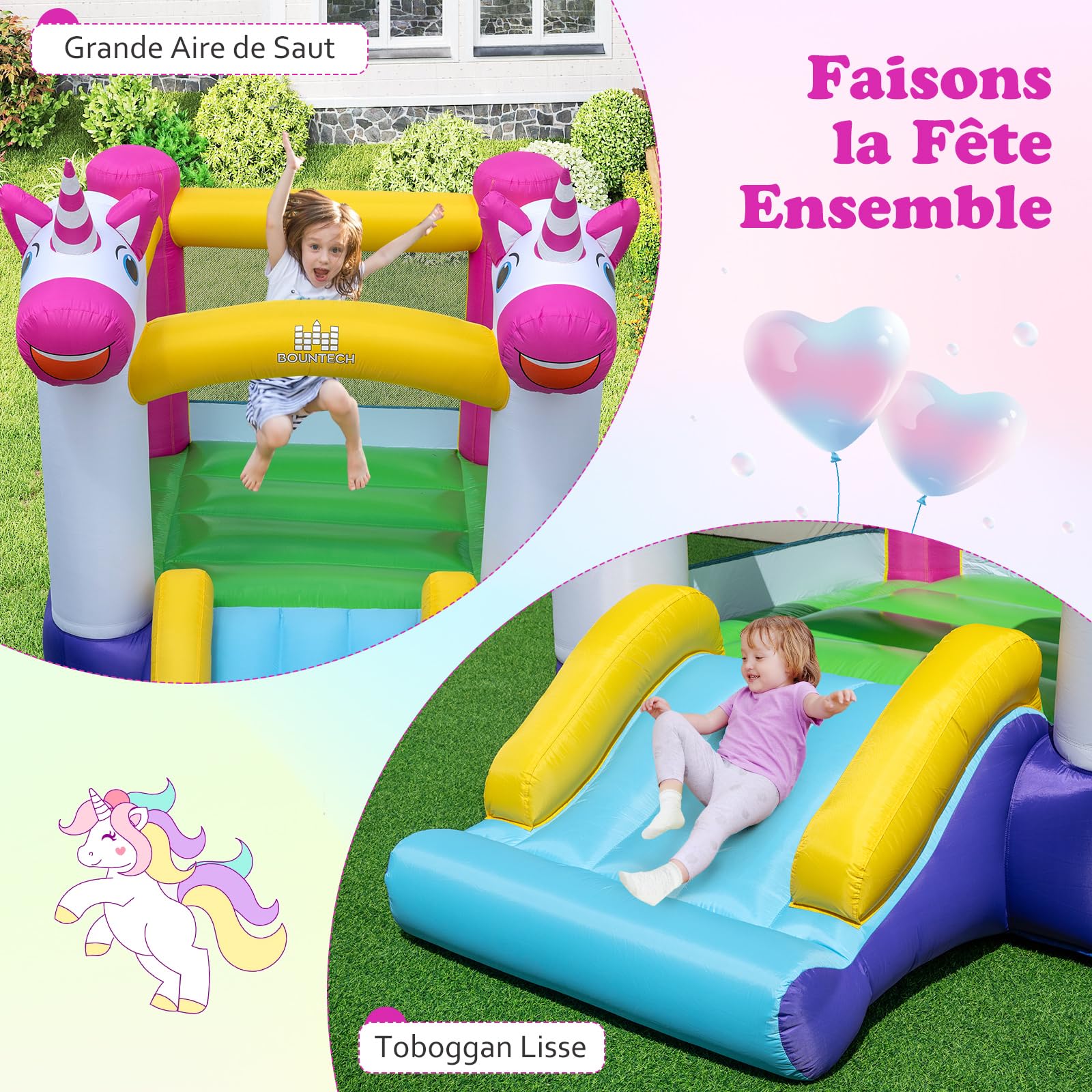 COSTWAY Château Gonflable sur Thème Licorne avec Toboggan et Maison de Saut, Aire de Jeux Gonflable en Tissu Oxford avec Sac de Transport, Intérieur Extérieur jusqu'à 2 Enfants de 3-12 Ans