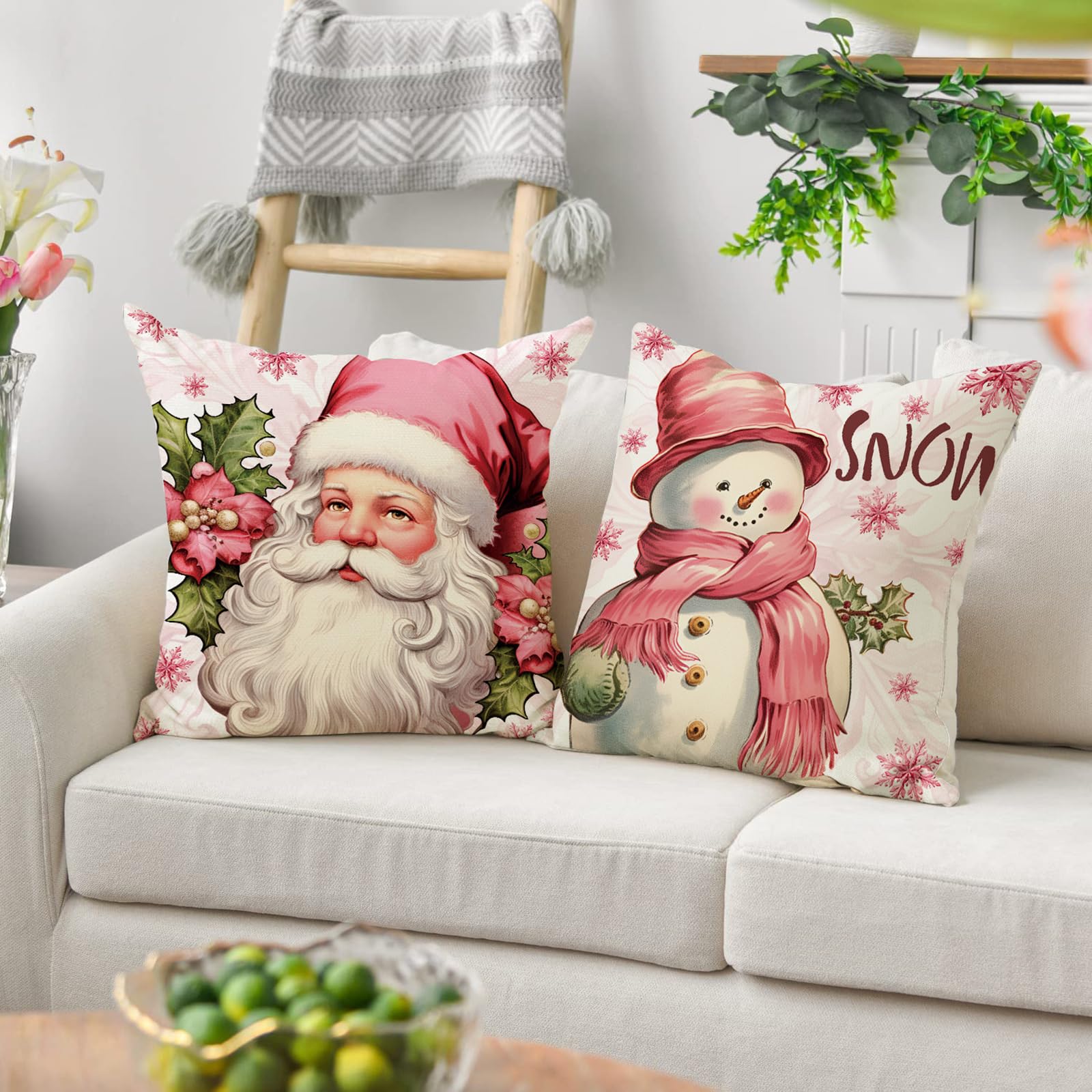 ESSECMBS 4Pcs Christmas Throw Pillow Covers 18 * 18inch Pink Cartoon Christmas Couch Pillow Cases Sofa Pillow Protectors Winter Holiday Home Decorations (4PCS B - Image 4