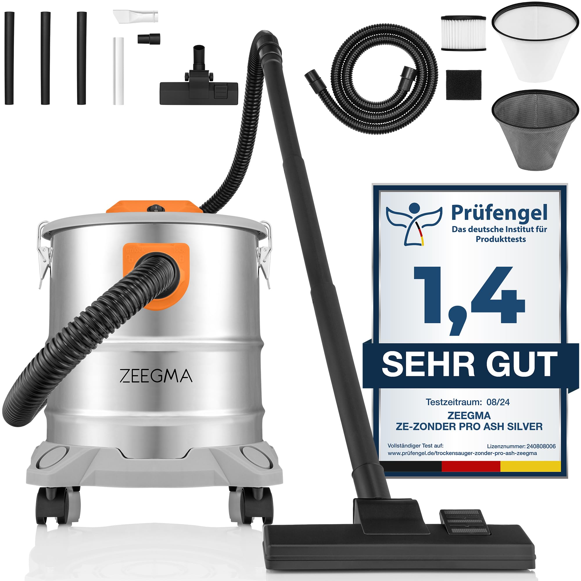 Zeegma ZONDER PRO ASH Aspirapolvere a secco per cenere e detriti, aspirapolvere industriale 1600 W, contenitore in acciaio inox 20 l, filtro HEPA, funzione di scarico cavo 5 m