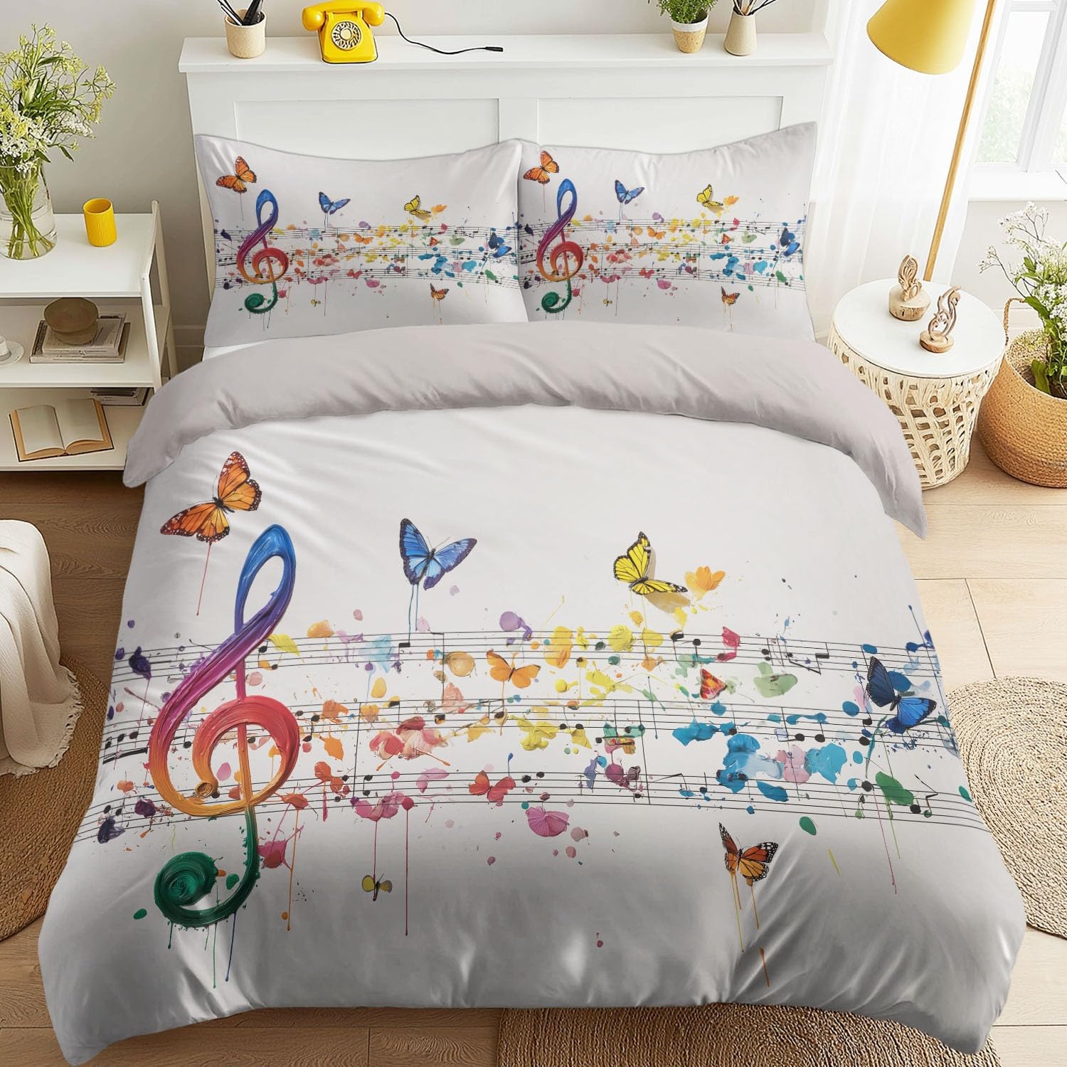 Parure de lit zippée 140x190 cm grise avec housse de couette musicale