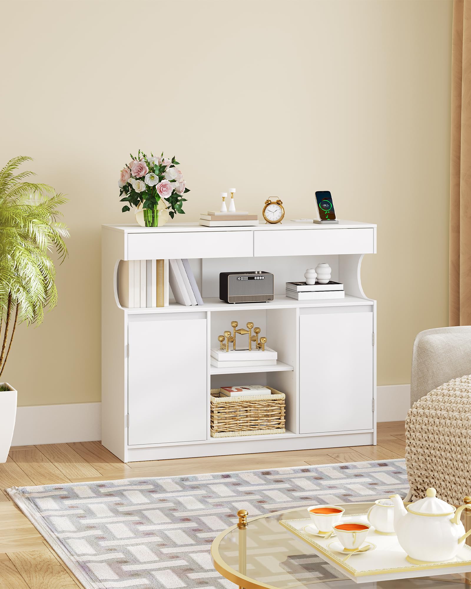 Hzuaneri Credenza cucina con multipresa e luce LED, Mobile dispensa cucina, Mobiles con 2 cassetti e 2 ante, per Soggiorno, Cucinas, 30 x 100 x 85 cm, Bianco SC64903X