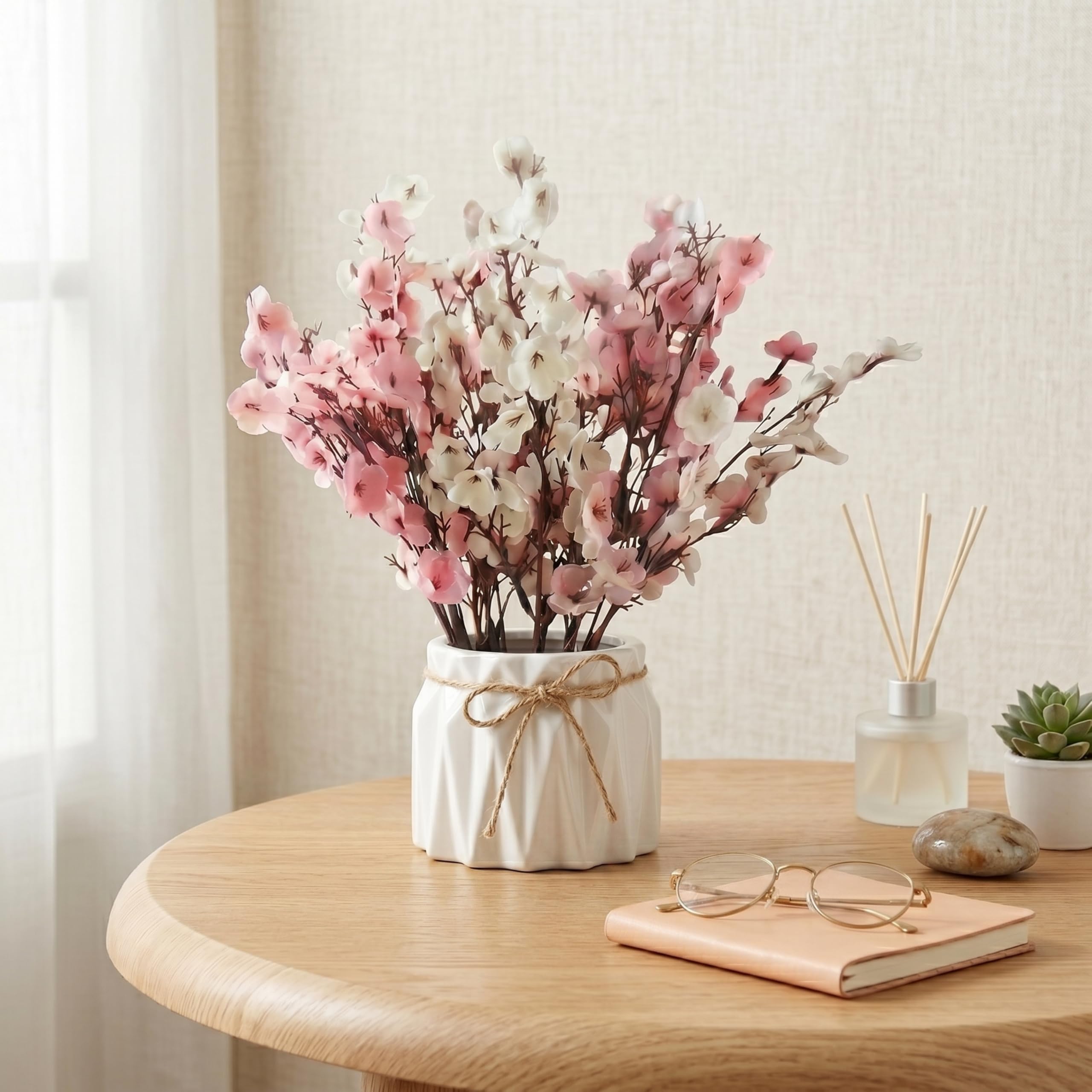 Dekorly Artificial Lavender Plant in White Pot, 18cm – Realistic Faux Flower Arrangement for Home & Office Décor (Set of 1) (1, Pink Baby's Breath Flower)