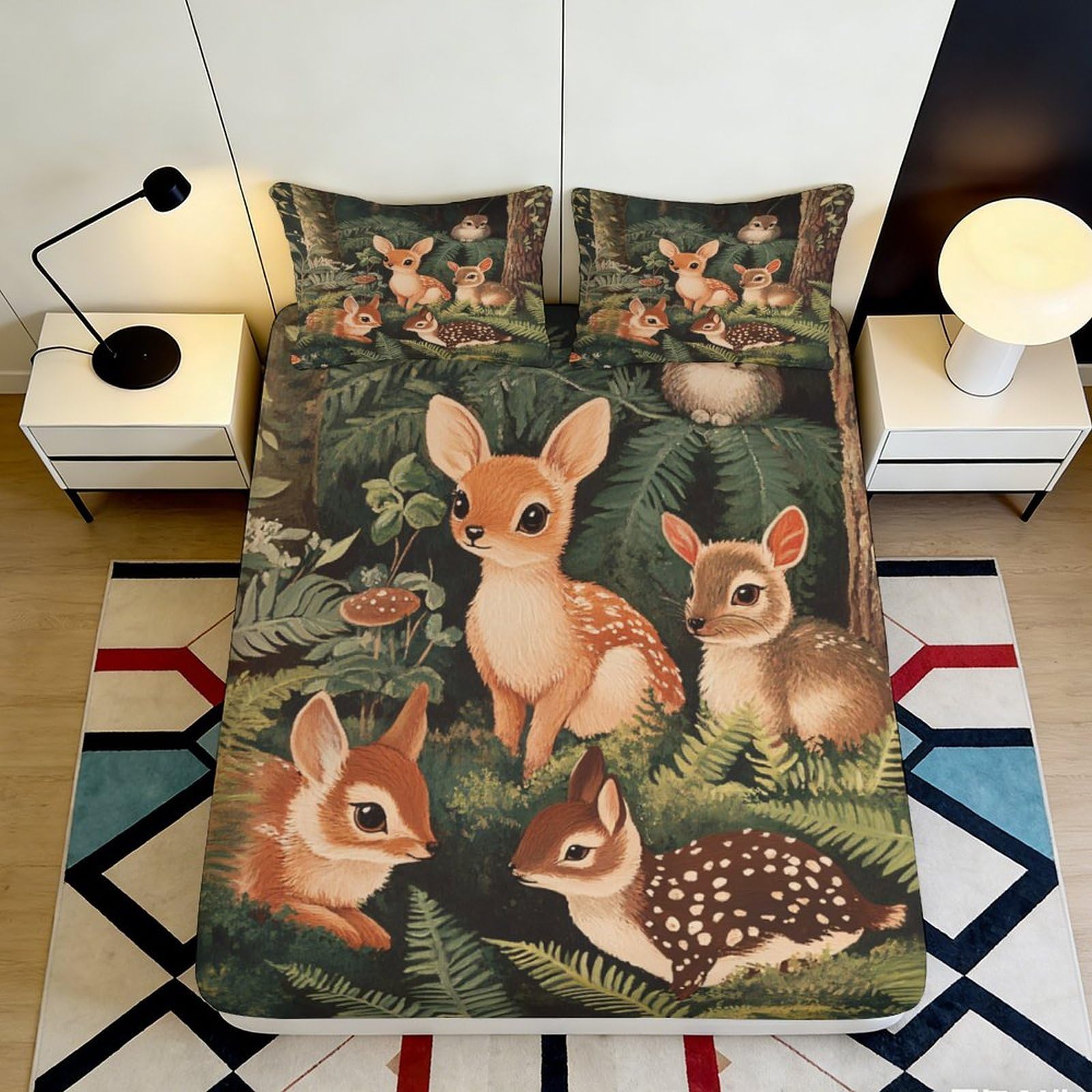 3D Printed Forest Deer Fitted Sheet Microfiber Soft Durable Woodland Animals Bed Cover for Bedroom Dormitory Guest Room Mattress Protection 200x200x25cm