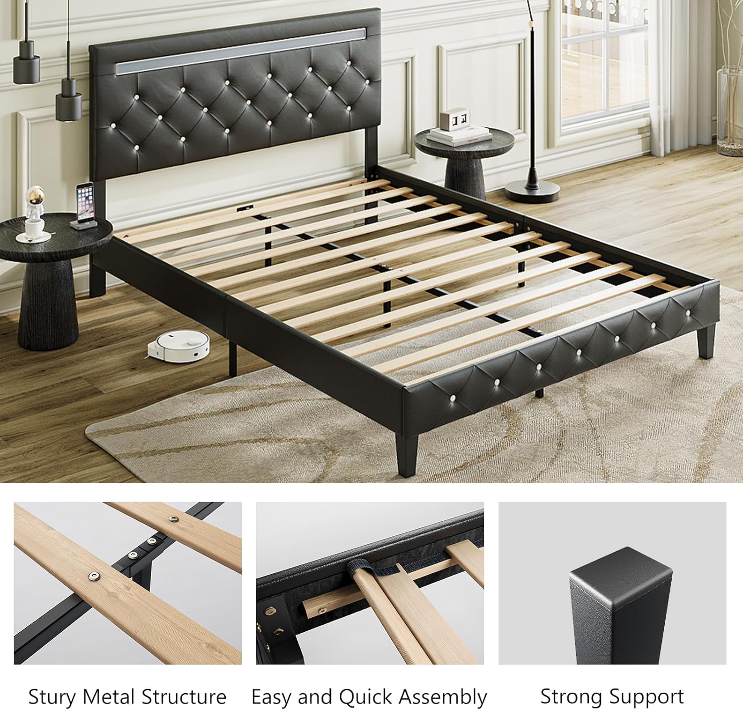 Full Size LED Platform Bed Frame with Adjustable Headboard, Modern Bed Frame with Charging Station, Wooden Slats Support, Easy Assembly, No Box Spring Needed, Black