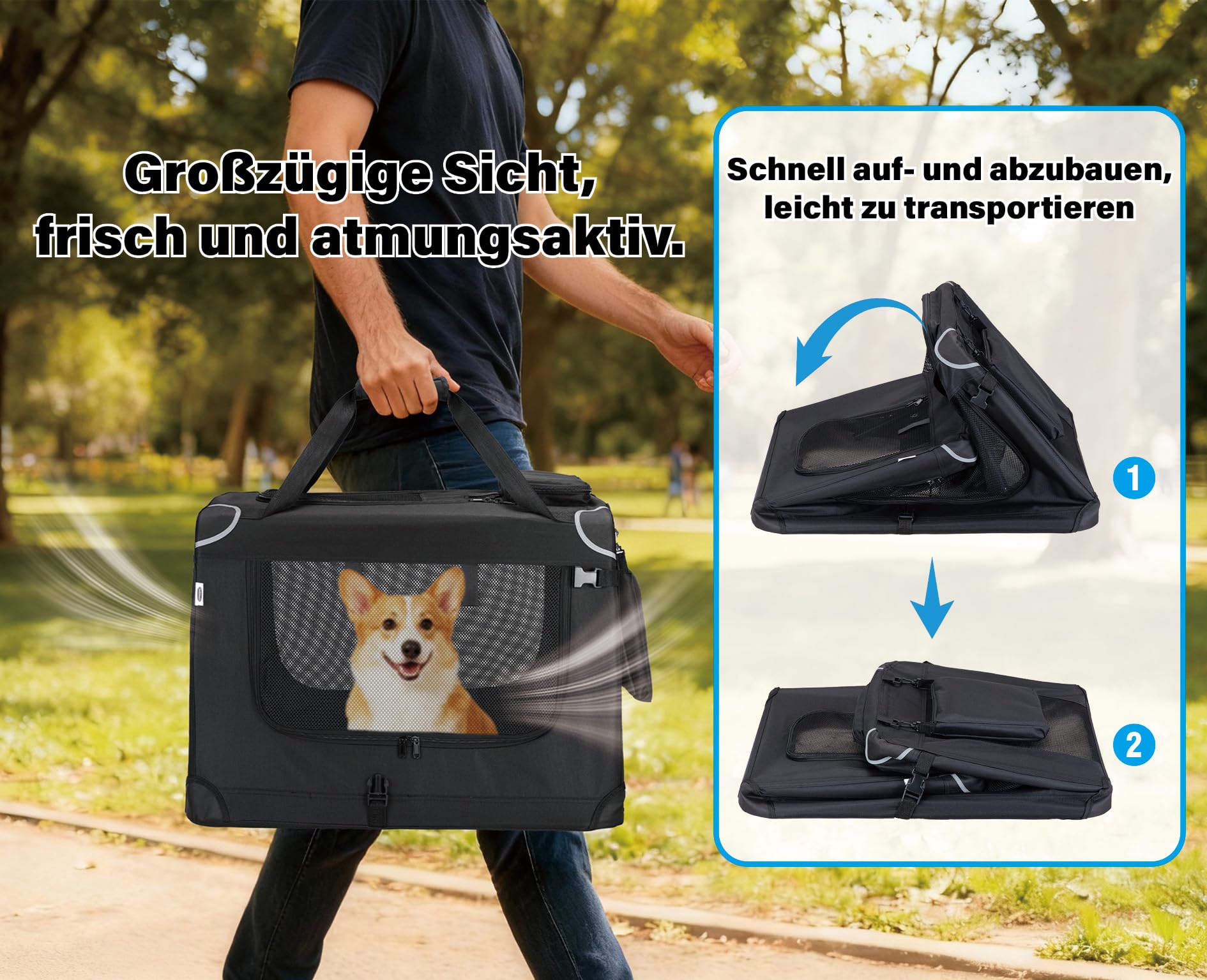 Zedelmaier Hundebox Faltbar Hundetransportbox, M 60x44x42cm, robust Transportbox für Hund & Katze Groß Hundetasche Auto Haustiertransportbox für Unterwegs & Zuhause Schwarz