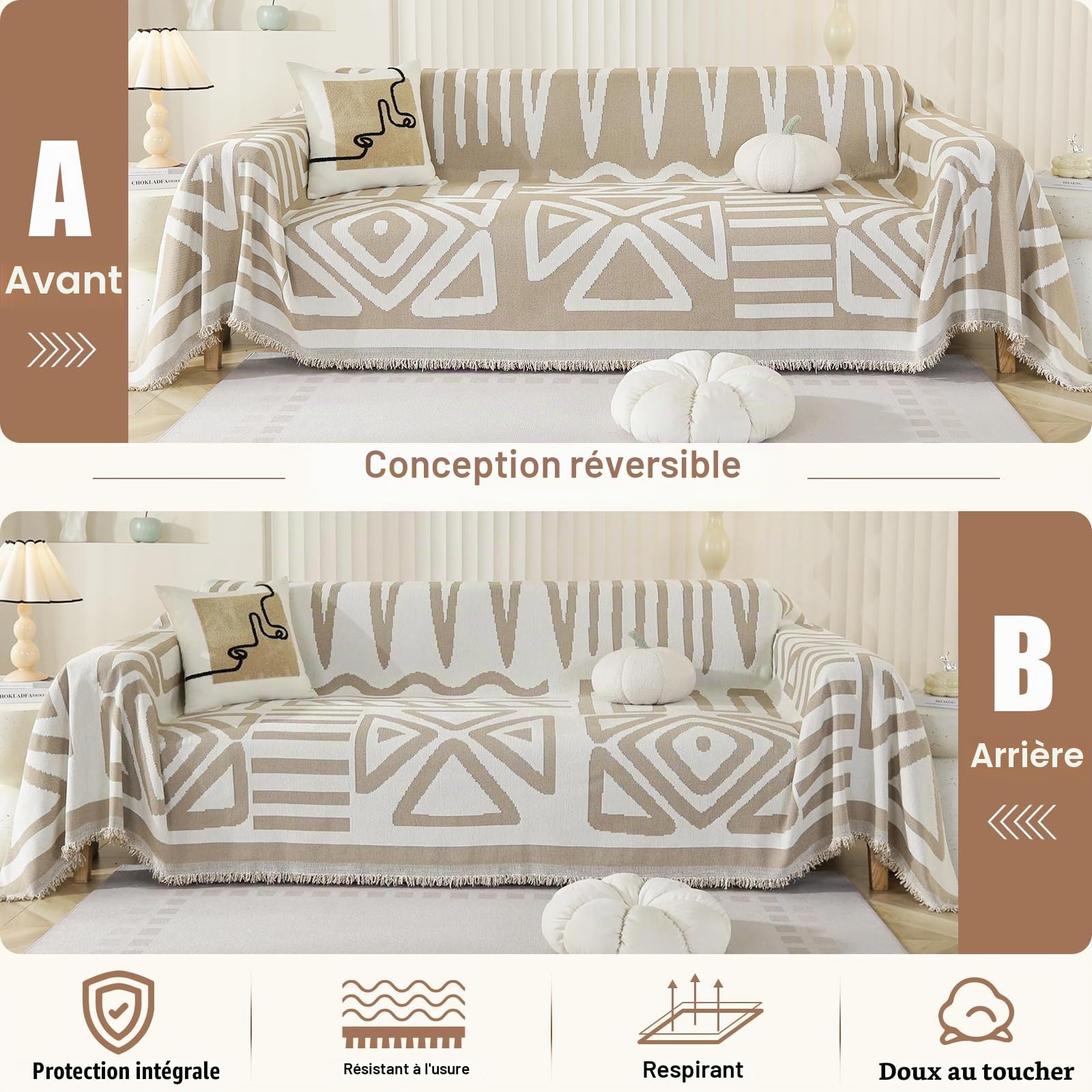OstepDecor Housse de Canapé 1/2/3/4 Places, 180 x 260 cm, Jeté de Canapé en Chenille Douce, Protège-Canapé Tous Les Saisons, Antitache et Facile à Nettoyer (Kaki Bohème)