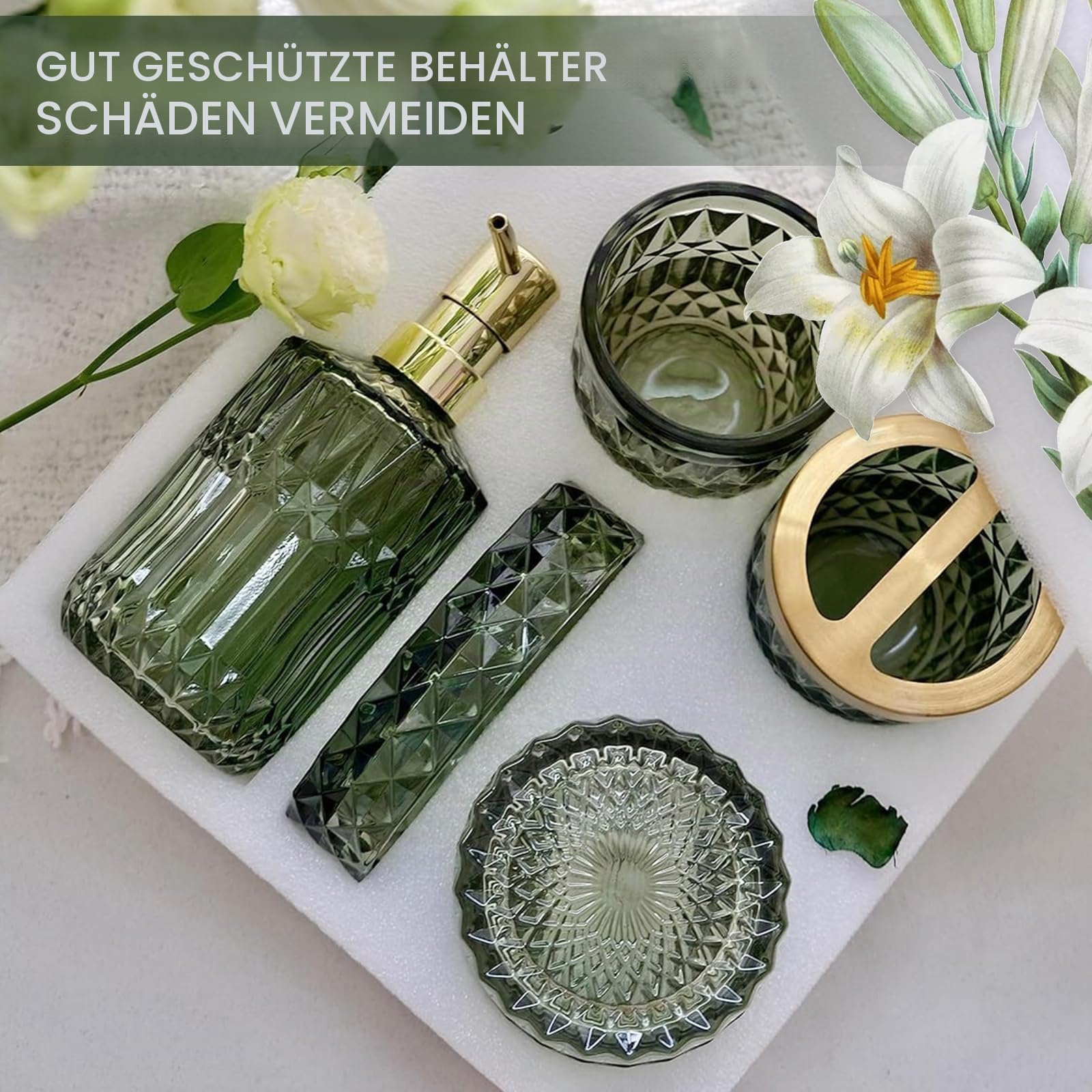 5-teiliges Badezimmer-Set aus Glas, Stilvolle Badezimmer-Deko mit Seifenspender, Zahnbürstenhalter, Wattepad-Halter, Becher, Seifenschale für Waschtisch, Badezimmer(Grün)