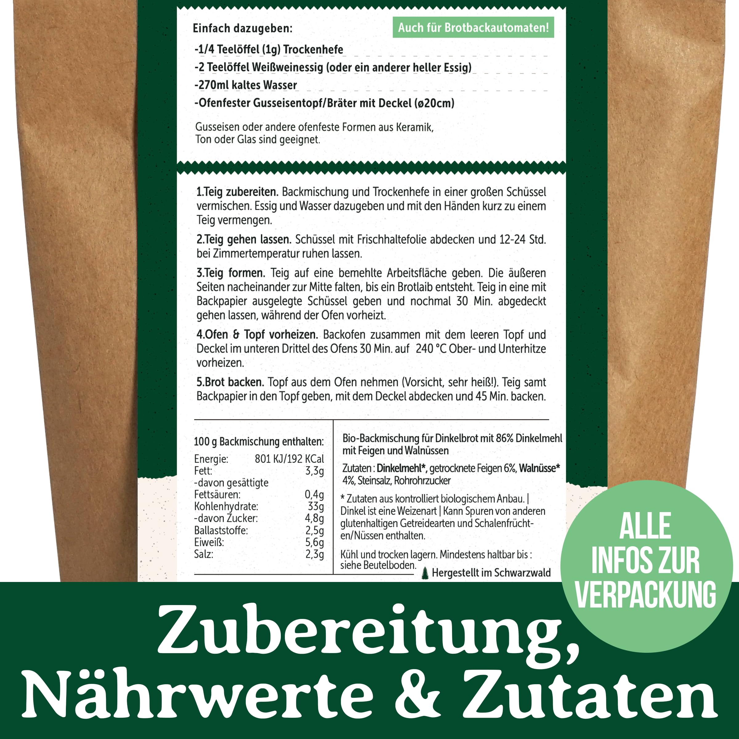 Bio Dinkelbrot Backmischung Feige Walnuss – 100 % Dinkel, ohne Weizen – fruchtig-nussiges Brot mit Walnüssen für Brotbackautomat & Ofen – Bake with Love - 10er Pack