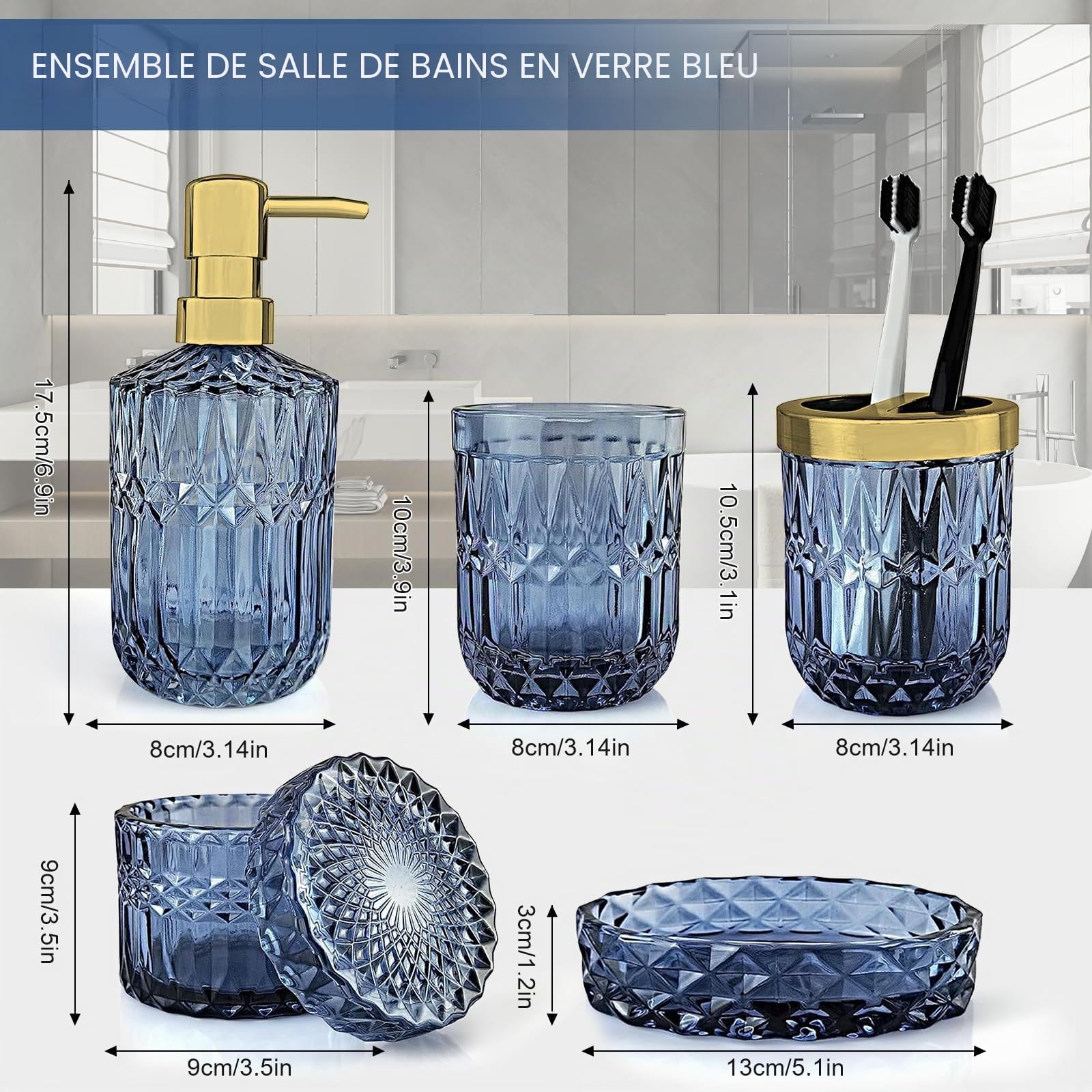 Lot de 5 Accessoires Salle de Bain en Verre - Decoration Salle de Bain avec Distributeur Savon, Porte Brosse à Dents,Tasse en Verre, Pot à Cotons-tiges et Porte-Savon, Gobelet, Cadeau de Luxe, Bleu
