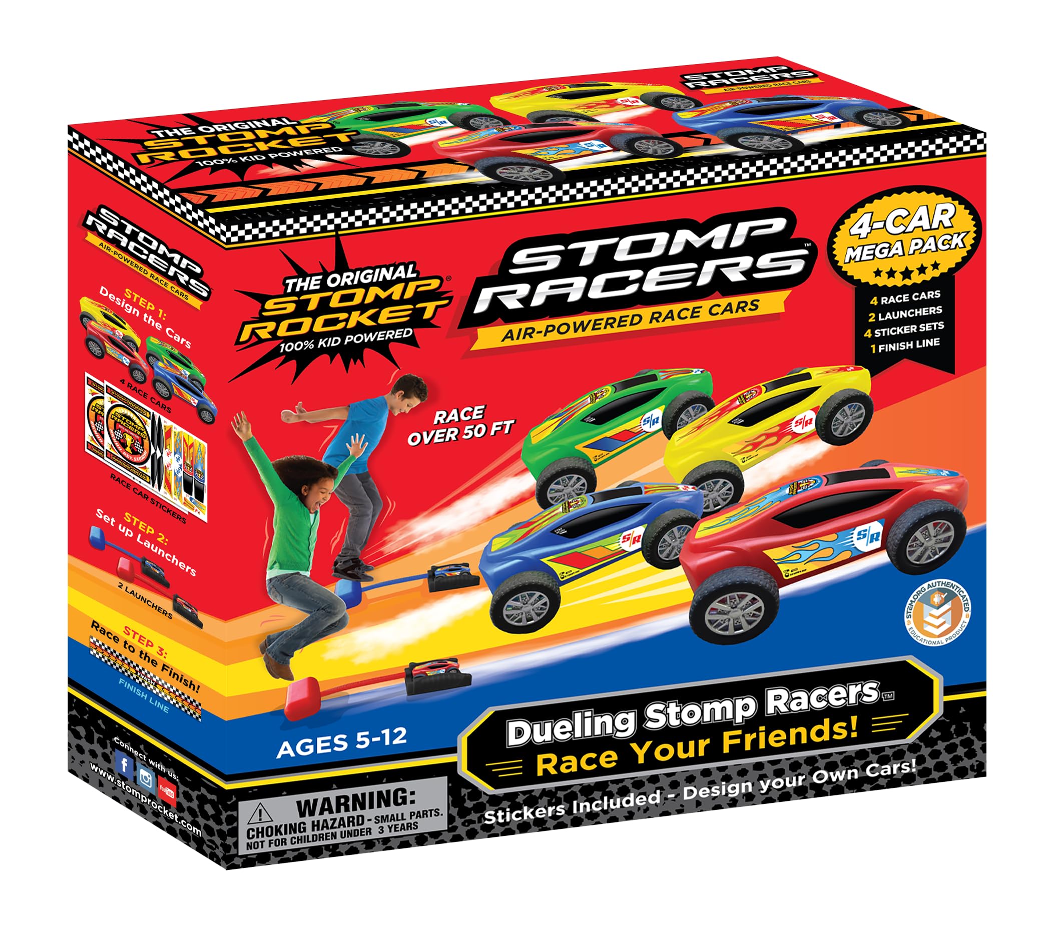 Stomp Racers Air Powered Race Cars by Stomp Rocket, 4 Car Mega Pack - Dueling Stomp Racers Toy Car Launcher - Fun Backyard & Outdoor Multi-Player Kids