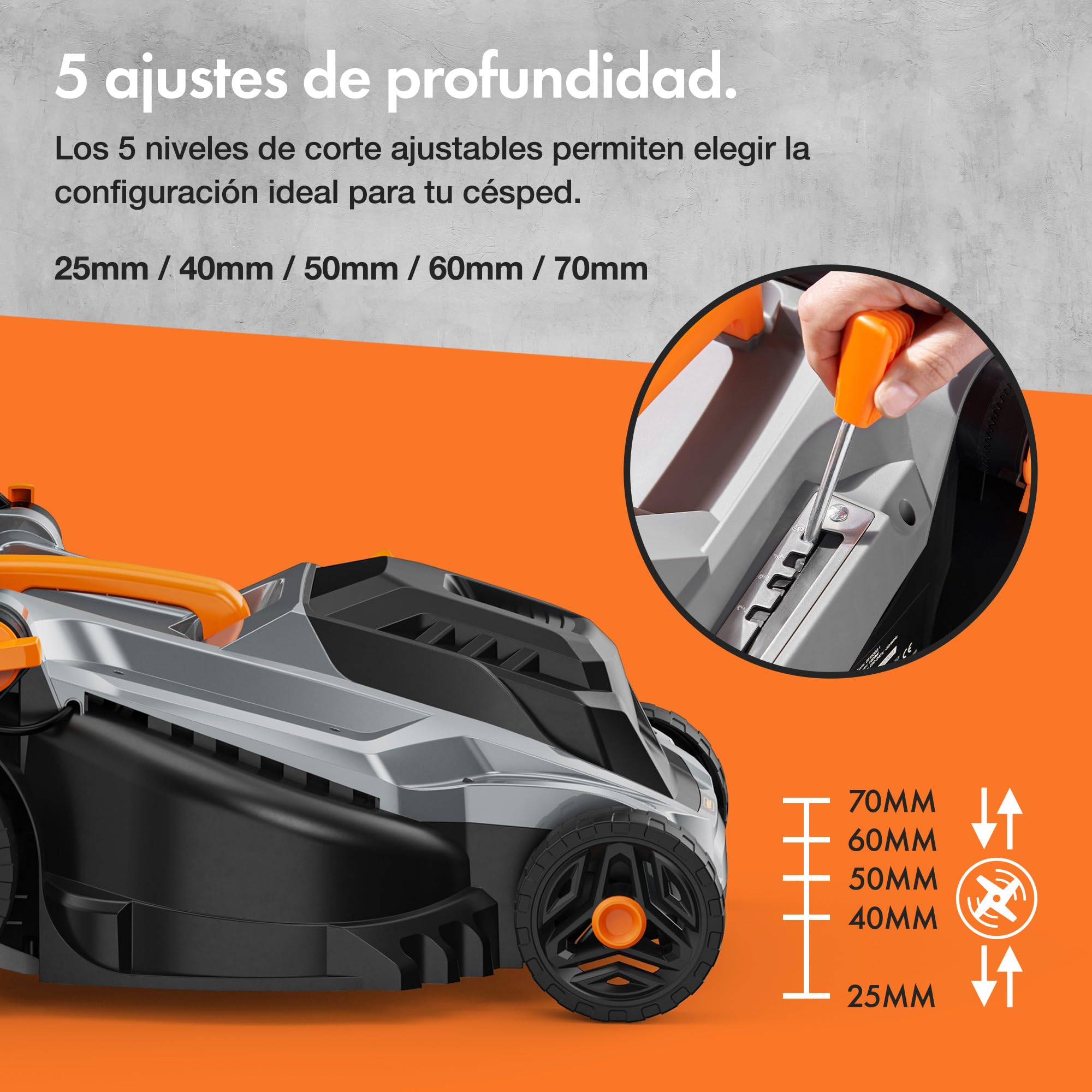 VonHaus Cortacésped Eléctrico - Cortadora de Césped Eléctrica, 380-430 mm de Ancho de Trabajo - Bolsa de 42-52 L, Manillar Plegable y Ajustable, 5 Niveles de Corte, Asa de Transporte (1800 W)