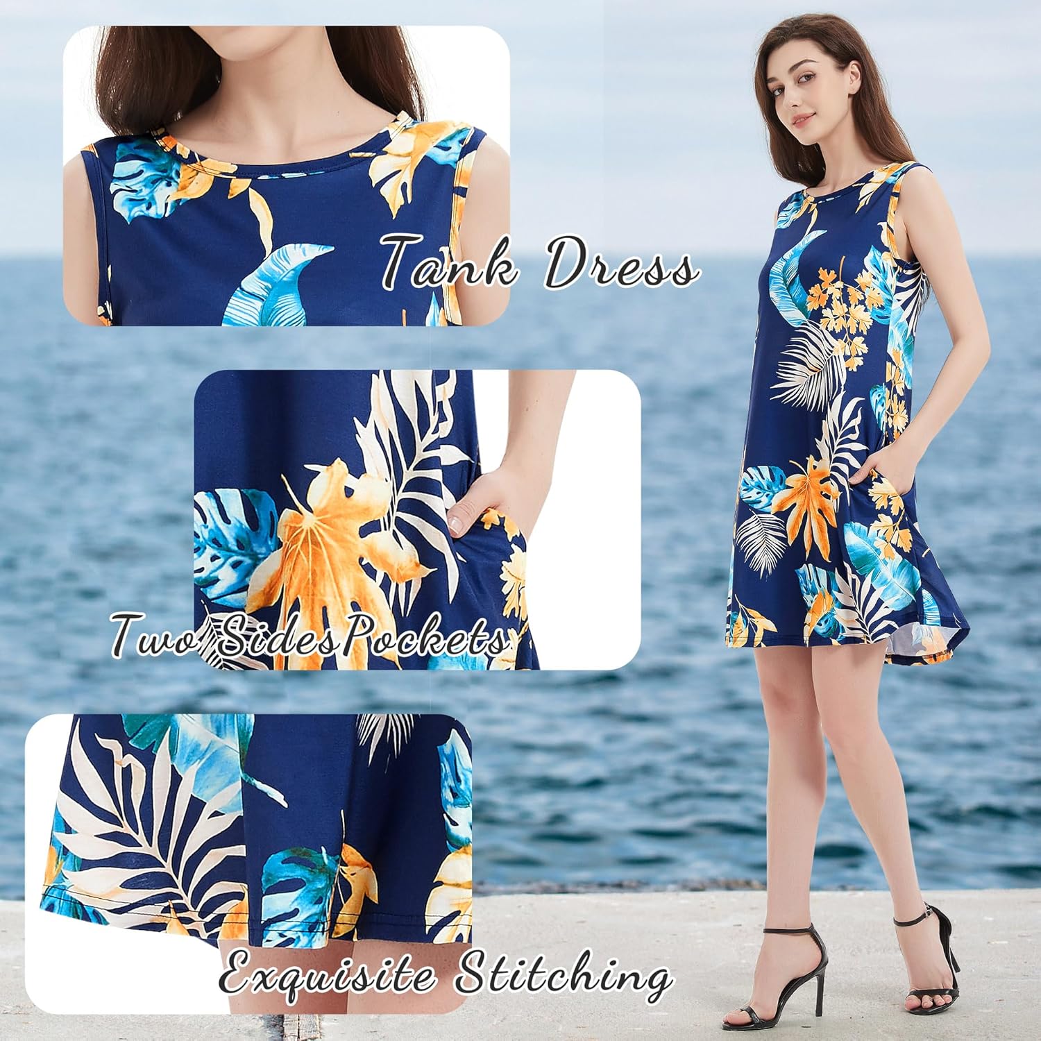 Scotamalone Summer Dresses for Women 2023 Beach Floral Tshirt Sundress Sleeveless Pockets Casual Loose Tank Dress - Image 4