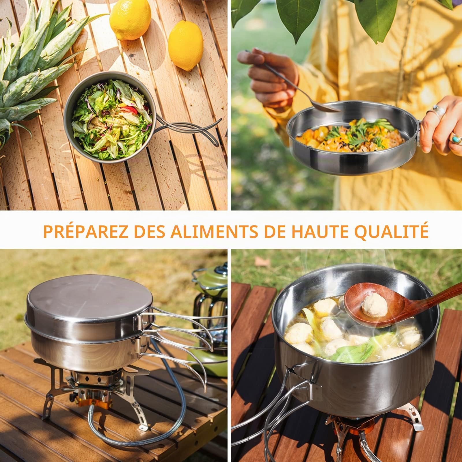 Lixada Kit de Casseroles Camping Batterie de Camping en Acier Inoxydable Set Ustensiles et Casseroles pour la Randonnée la Cuisine