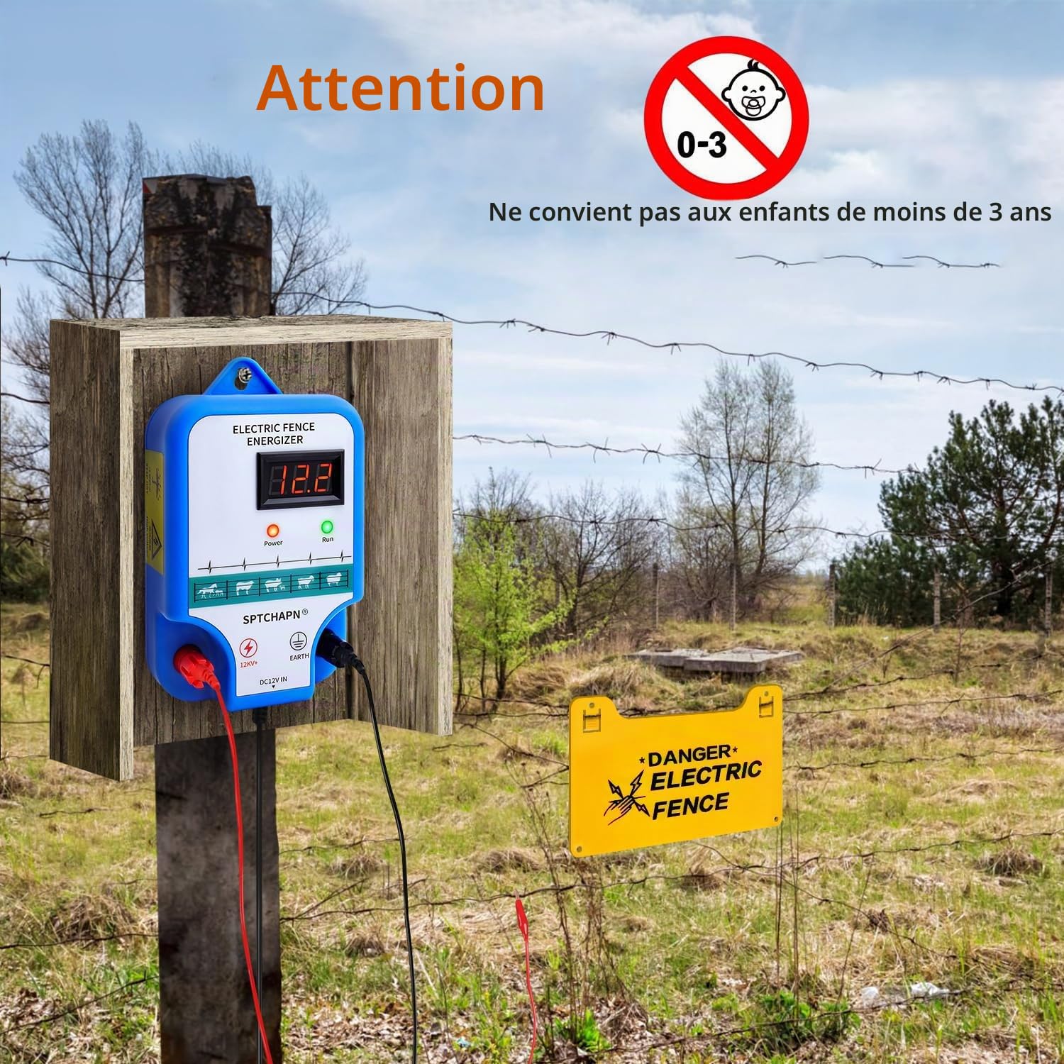 Kit énergisant de clôture électrique 12 AC - Contient 2 joules de sortie de clôture énergisant, prise et tige de terre - Portée de 10 km - Écran LED - Résistant aux intempéries - Pour chevaux, animaux