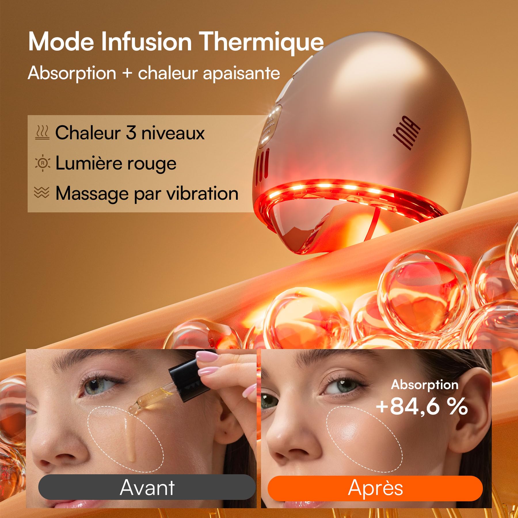 INIA Appareil de massage 7 en 1 pour le visage et le cou avec thérapie par lumière rouge, mode chaud et cryomode, purification et raffermissement