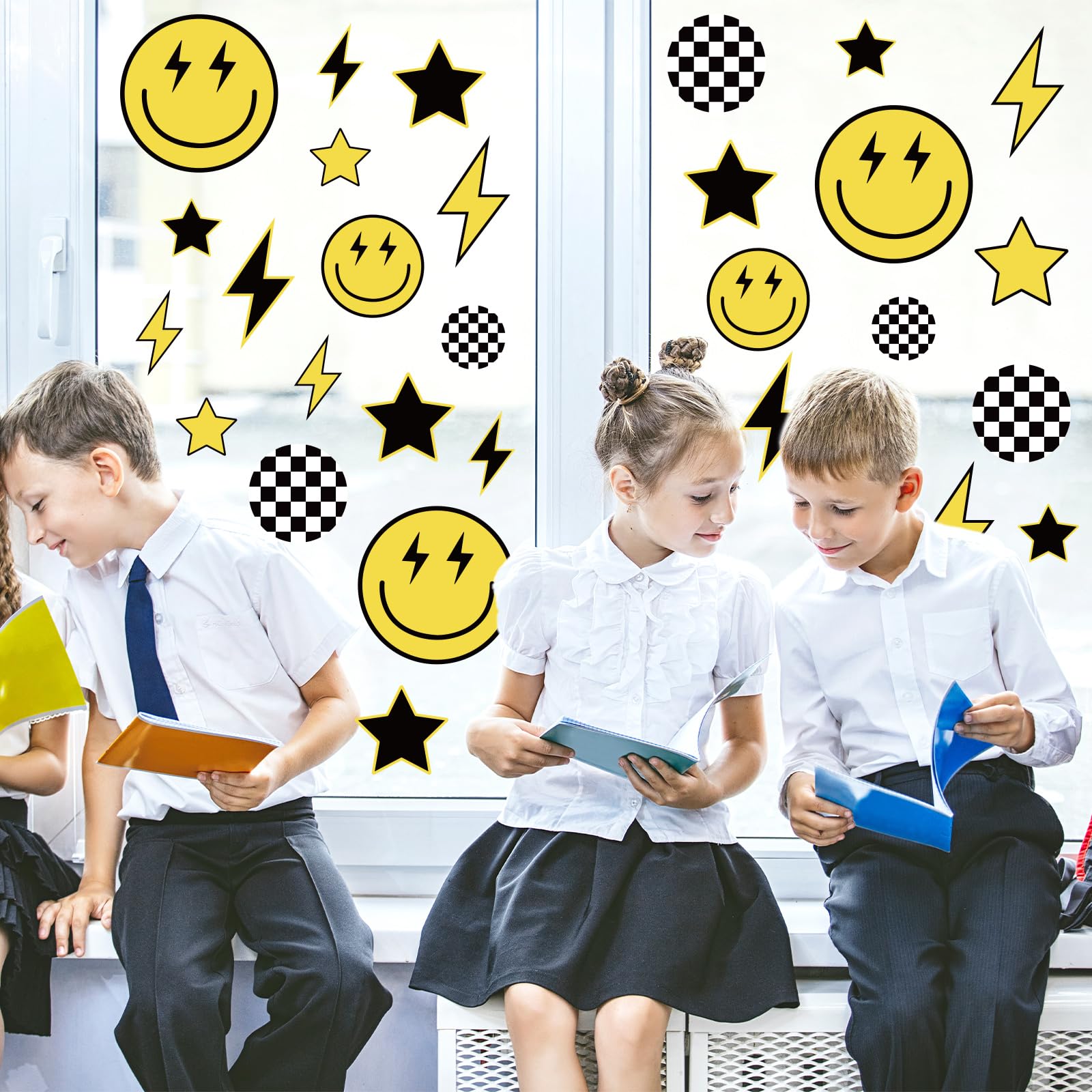 JarThenaAMCS One Happy Dude Window Clings Black Yellow Smile Face Lightning Star Checkered Dot Window Stickers Double-Side Preppy Glass Decals for Home Party Decor, 6 Sheets