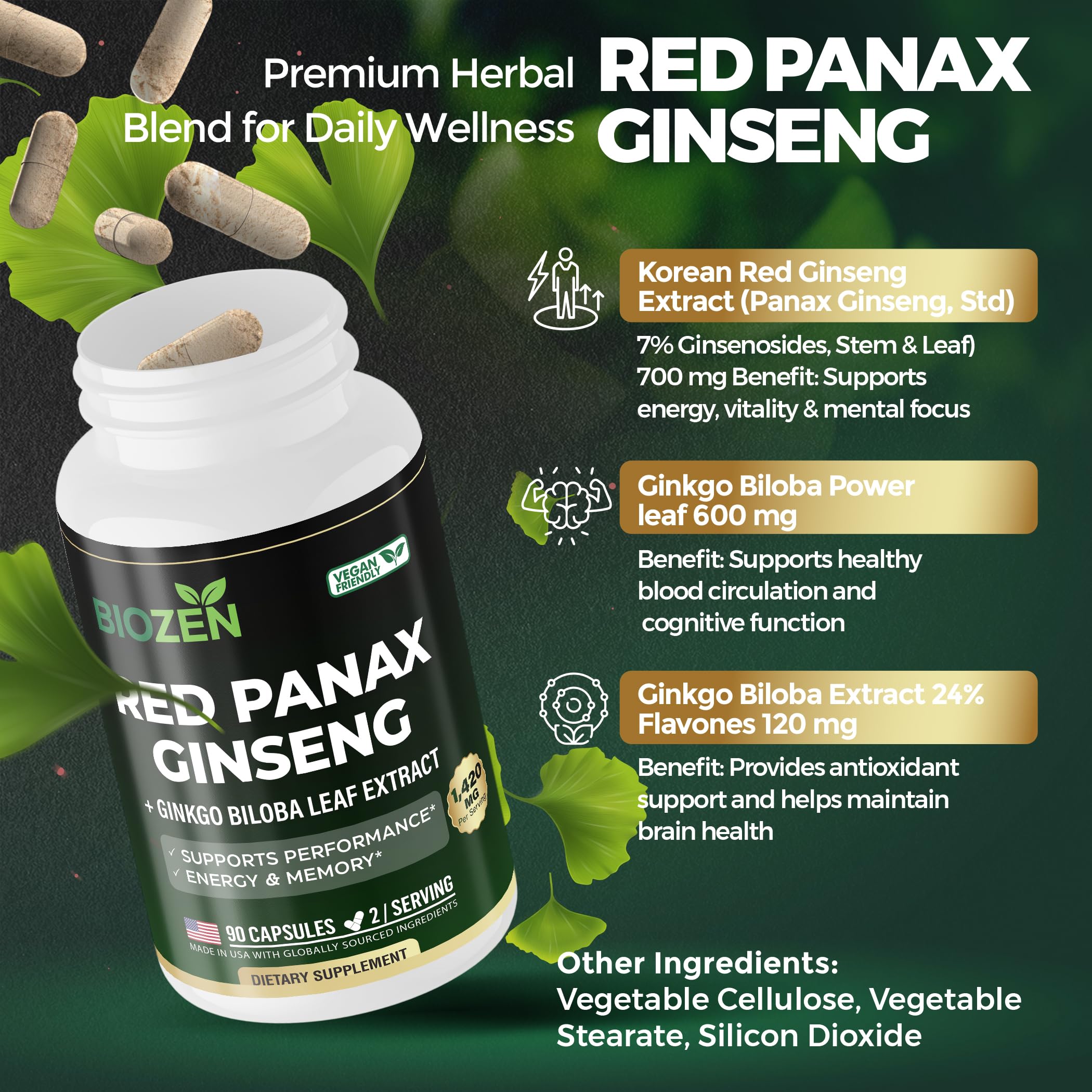 Korean Red Panax Ginseng 700mg + Ginkgo Biloba 720mg | 7% Ginsenosides Root Extract | Supports Energy, Focus & Mental Clarity | Adaptogen Supplement for Men & Women | 90 Vegan Capsules — Amazon image 3