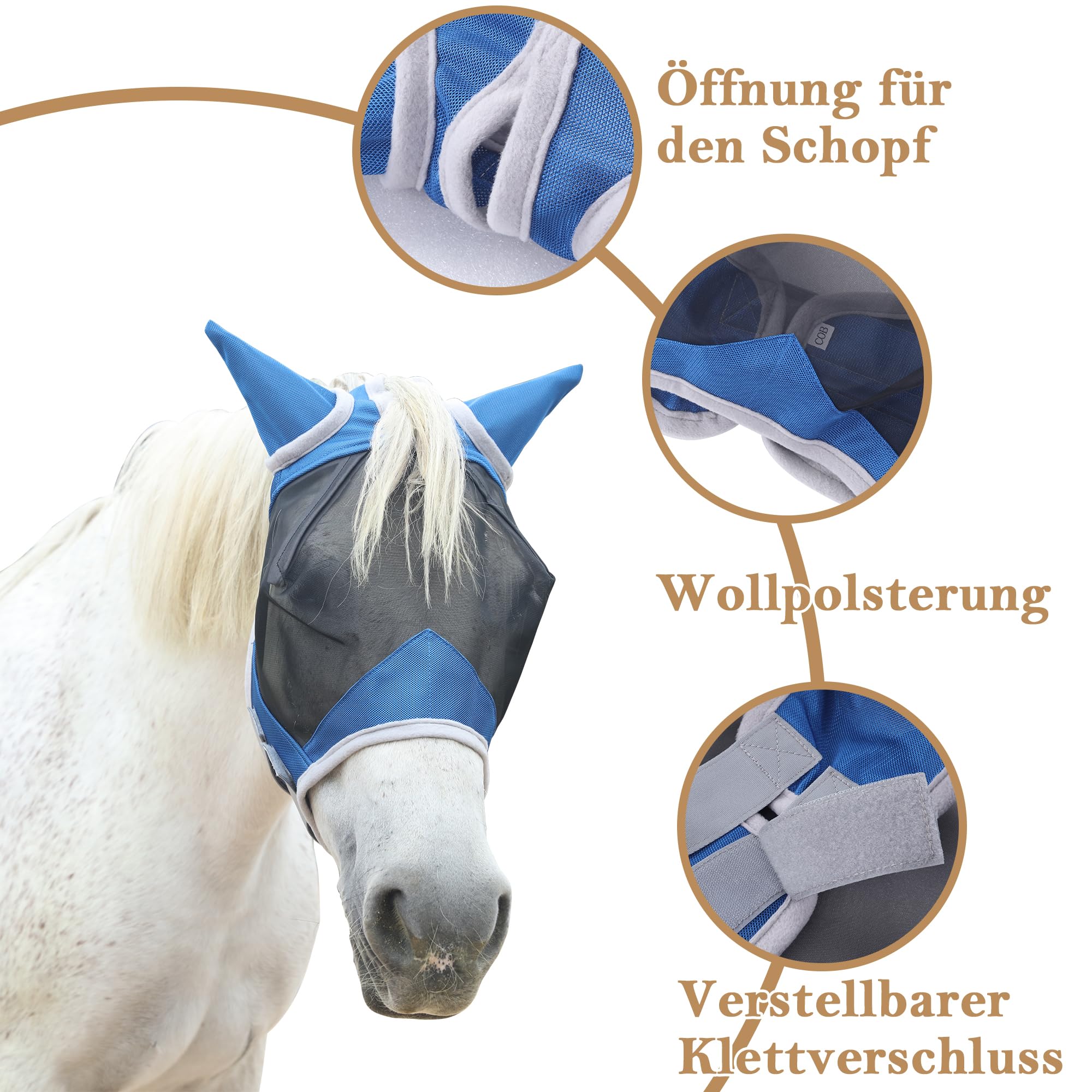 Maschera Antimosche Cavallo, Antimosche Cavallo con Protezione per le Orecchie, rete Traspirante, Anti-UV