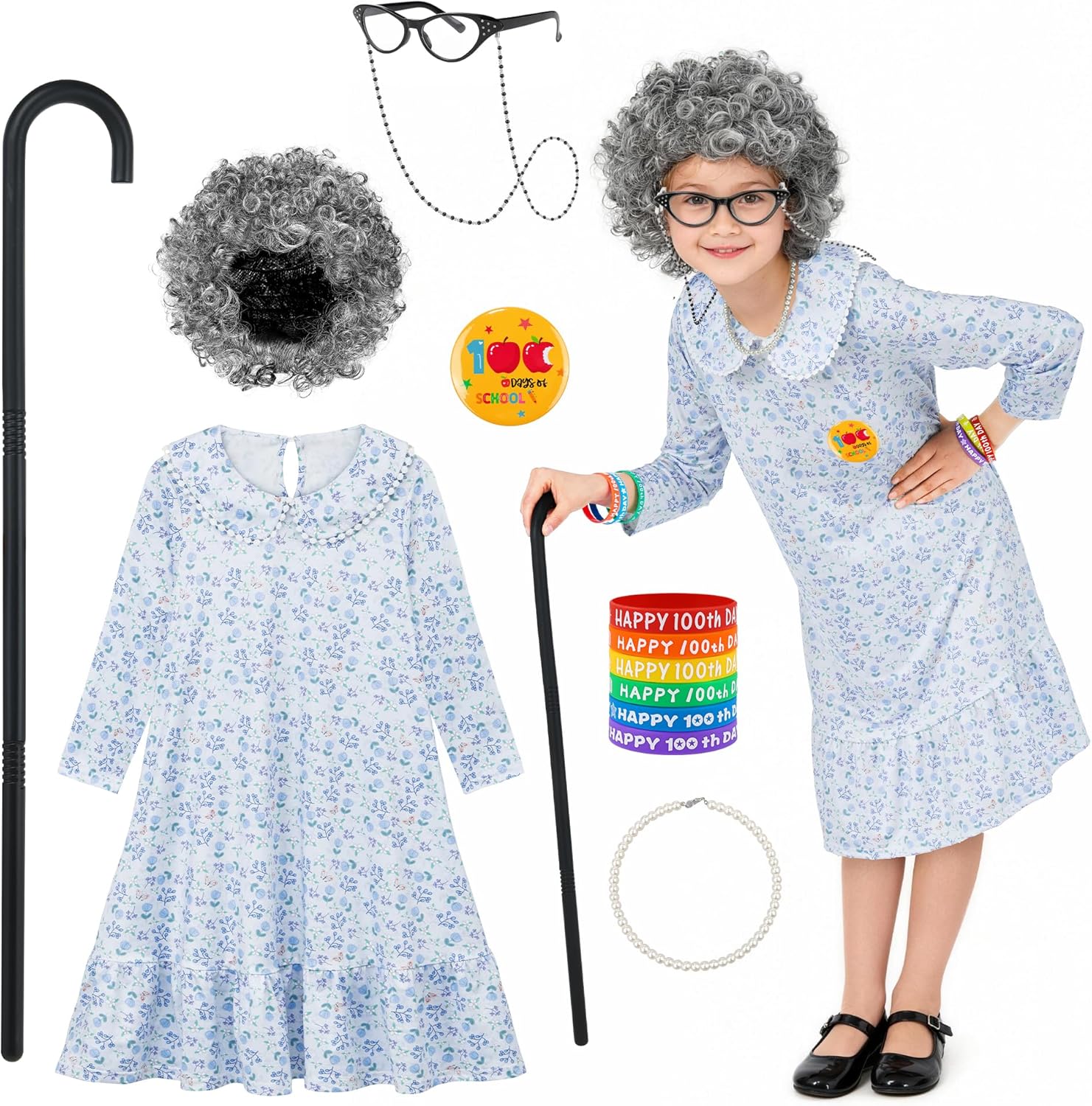 AOTHSO 13 Pieces Old Lady Costume for Kids 100 Days of School Costume with Grey Wig Glasses Cane Necklace for Granny Dress Up