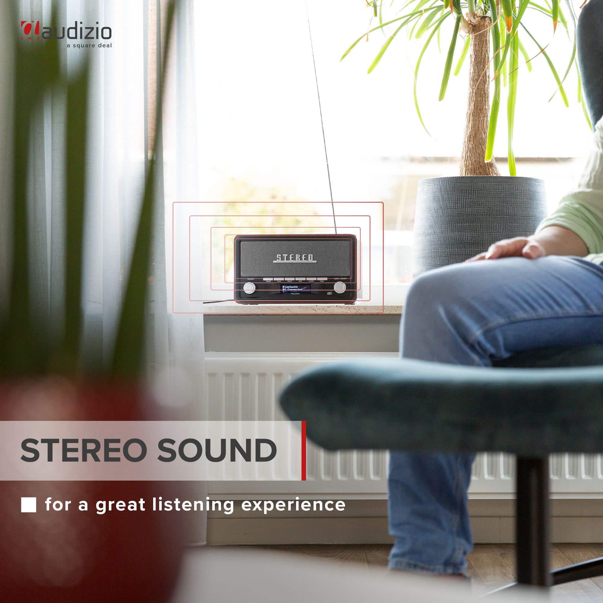 Audizio Foggia, Retro Radio, DAB Plus Radio, Bluetooth, Batterie- Netzbetrieb, Radiowecker, FM, 20 Speicherplätze, AUX, Alarm Küchenradio Vintage, Grau
