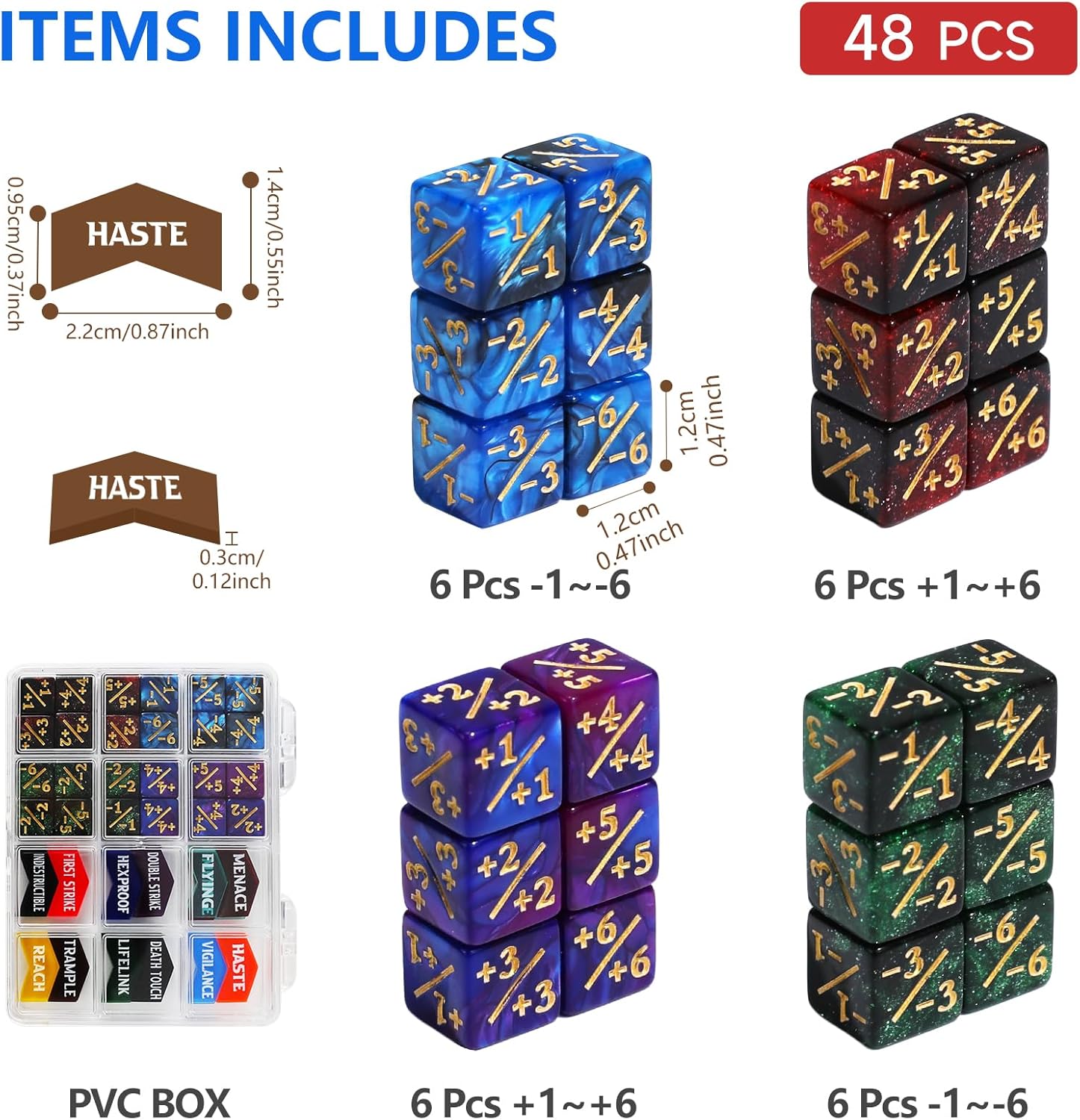 SIXPONTS 48 Pieces 12mm MTG Dice Abilities -1/+1 Life Counters Dices & MTG Keywords Counter Tokens Set Compatible with Magic The Gathering, TCG, Card Games Accessories (# A Dices & Keyword Counters)