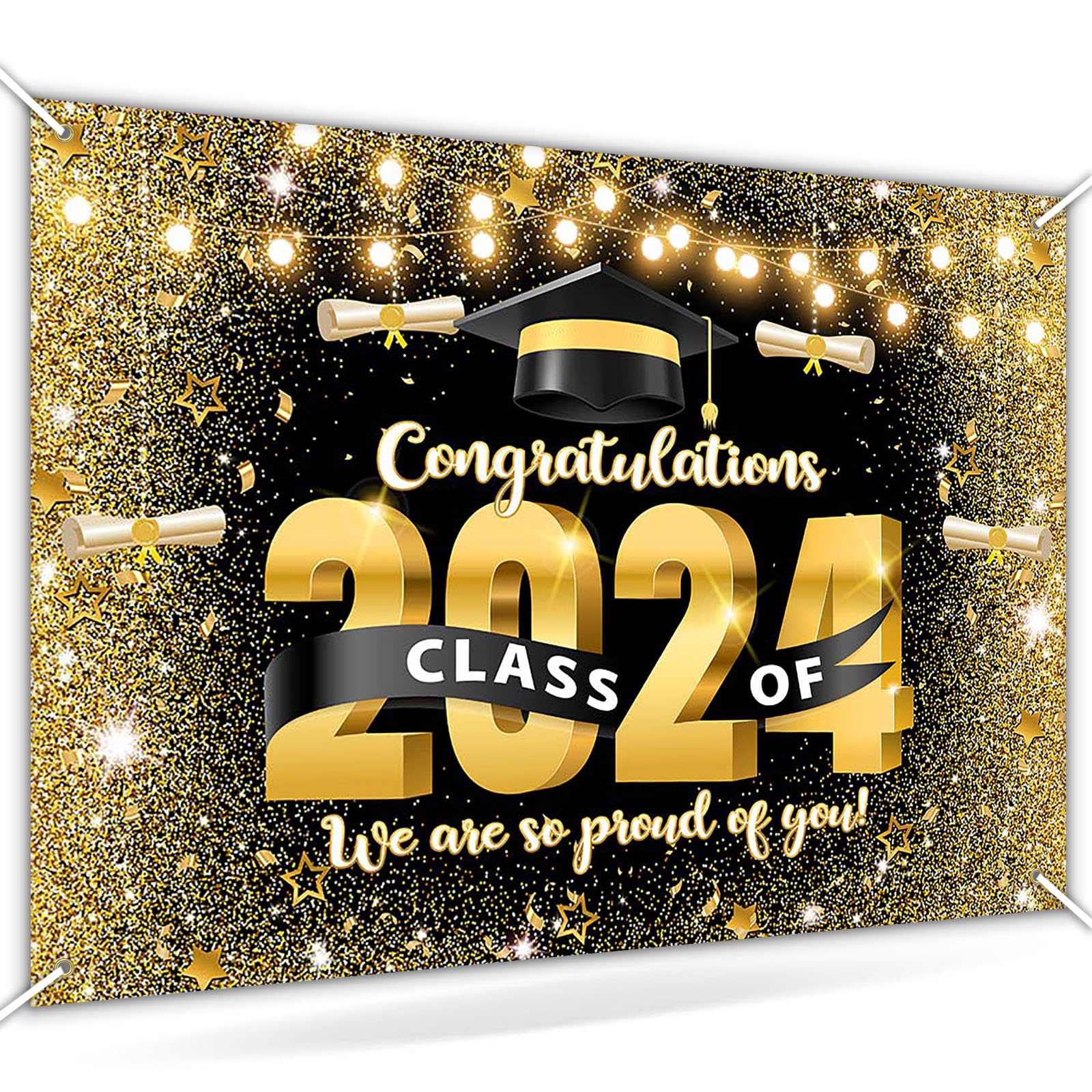 Avezano Black and Gold Graduation Backdrop Congrats Grad Class of 2024 Party Decorations Golden Glitter Graduation Prom Party Photoshoot Background We are So Proud of You Banner (7x5ft)