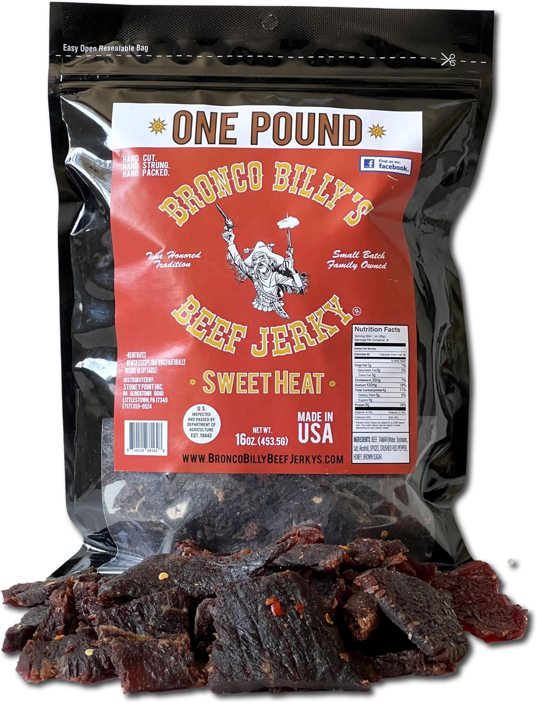 Bronco Billy's Beef Jerky Sweet Heat, One Pound Resealable Bag, Spicy & Sweet Flavor, Hand Cut, Hand Strung, Hand Packed, Made in USA