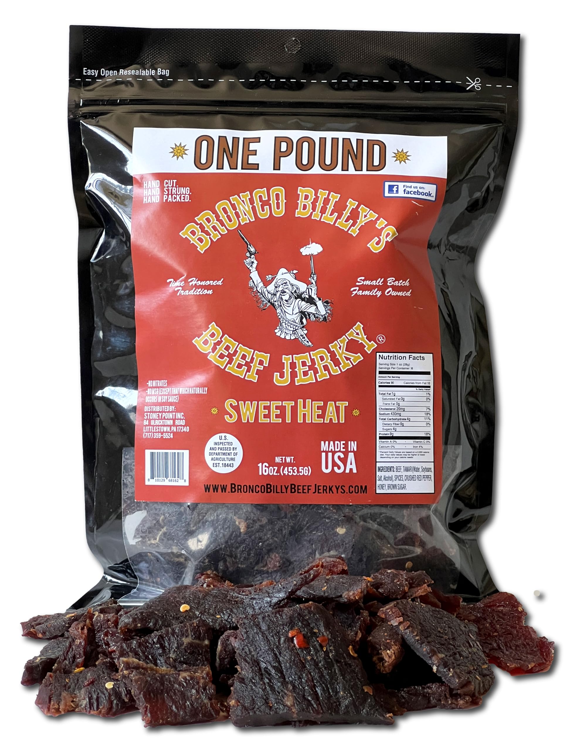 Bronco Billy's Beef Jerky Sweet Heat, One Pound Resealable Bag, Spicy & Sweet Flavor, Hand Cut, Hand Strung, Hand Packed, Made in USA