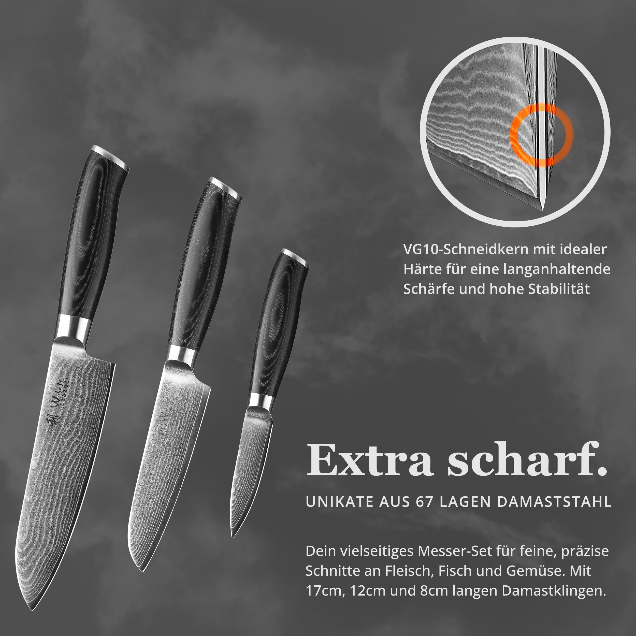 Wakoli Mikata 3-teiliges Messerset aus 67 Lagen Damaststahl mit VG10 Kern | Santoku, kleines Santoku und Officemesser; Micarta-Griffe, Geschenkbox, beidseitiger V-Schliff, für Fleisch, Fisch und Gemüse
