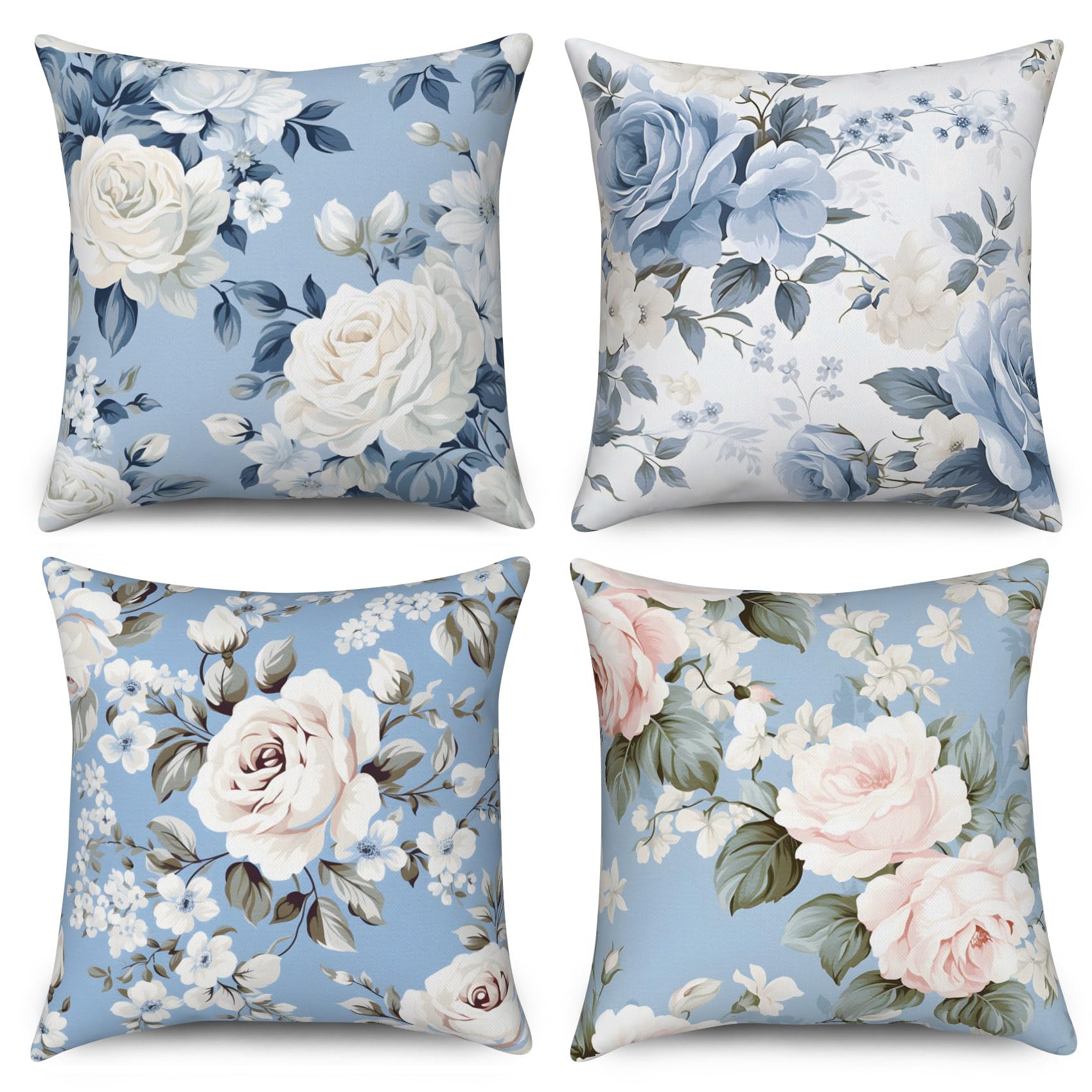 ASDCXZ Flower Pillow Cover 45x45 cm 4pcs Set, Vintage White Rose Flower Leaves Blue Sofa Deco Pillow Covers Pillow Cover Washable Polyester Flax Textile Outdoor Pillow Cover Pillow Cover
