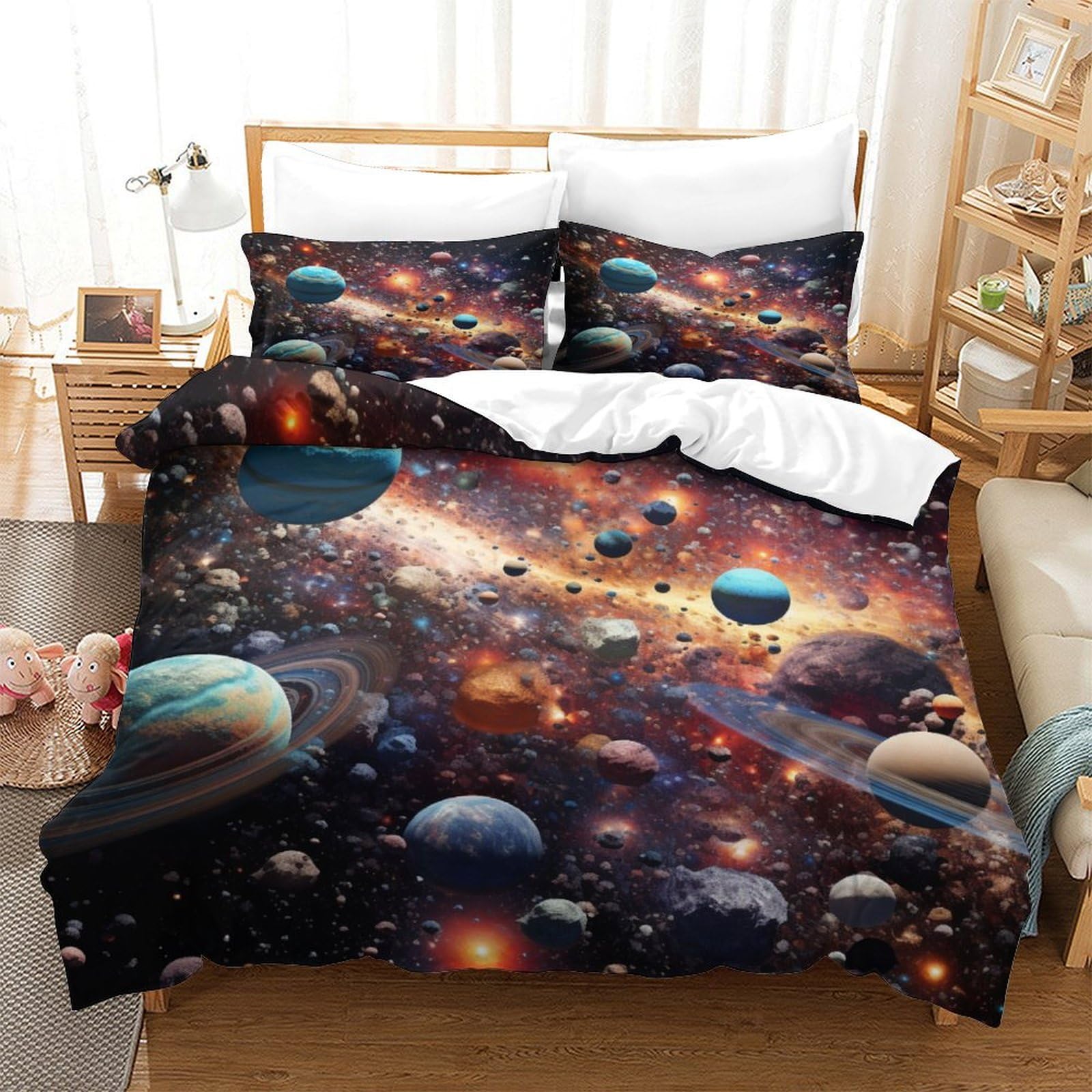 Housse de couette 260x220 cm avec taies d'oreiller lit super king size motif planète