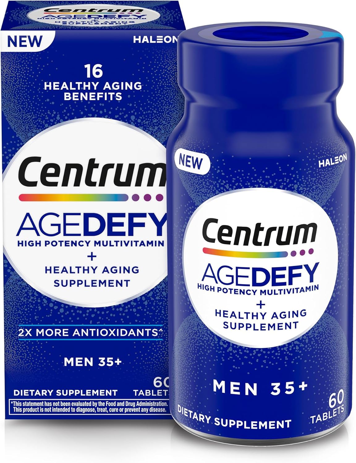​​​Centrum Age Defy for Men 35+ - High-Potency Multivitamin and Healthy Aging Supplement – Multivitamin with Resveratrol, and Niacin for NAD+ Level Support - Aluminum Bottle, 60 Tablets​