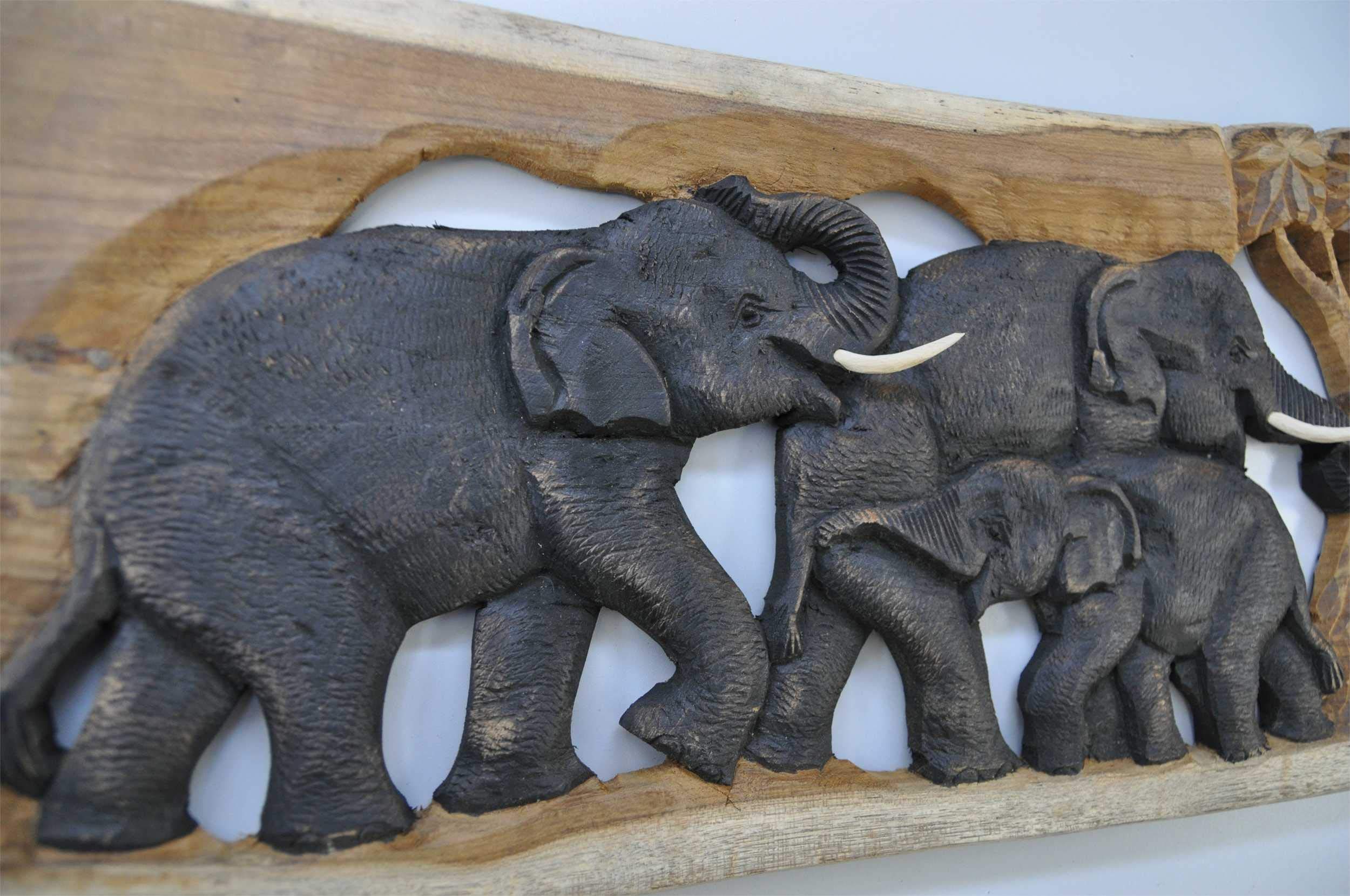 Thaiboo Elefanten Wandbild Wandrelief aus Treibholz Afrikadeko Thailand | Jedes Stück ein Unikat aus ausgewähltem Treibholz - mit Stoßzähnen, Aufhängung hinten