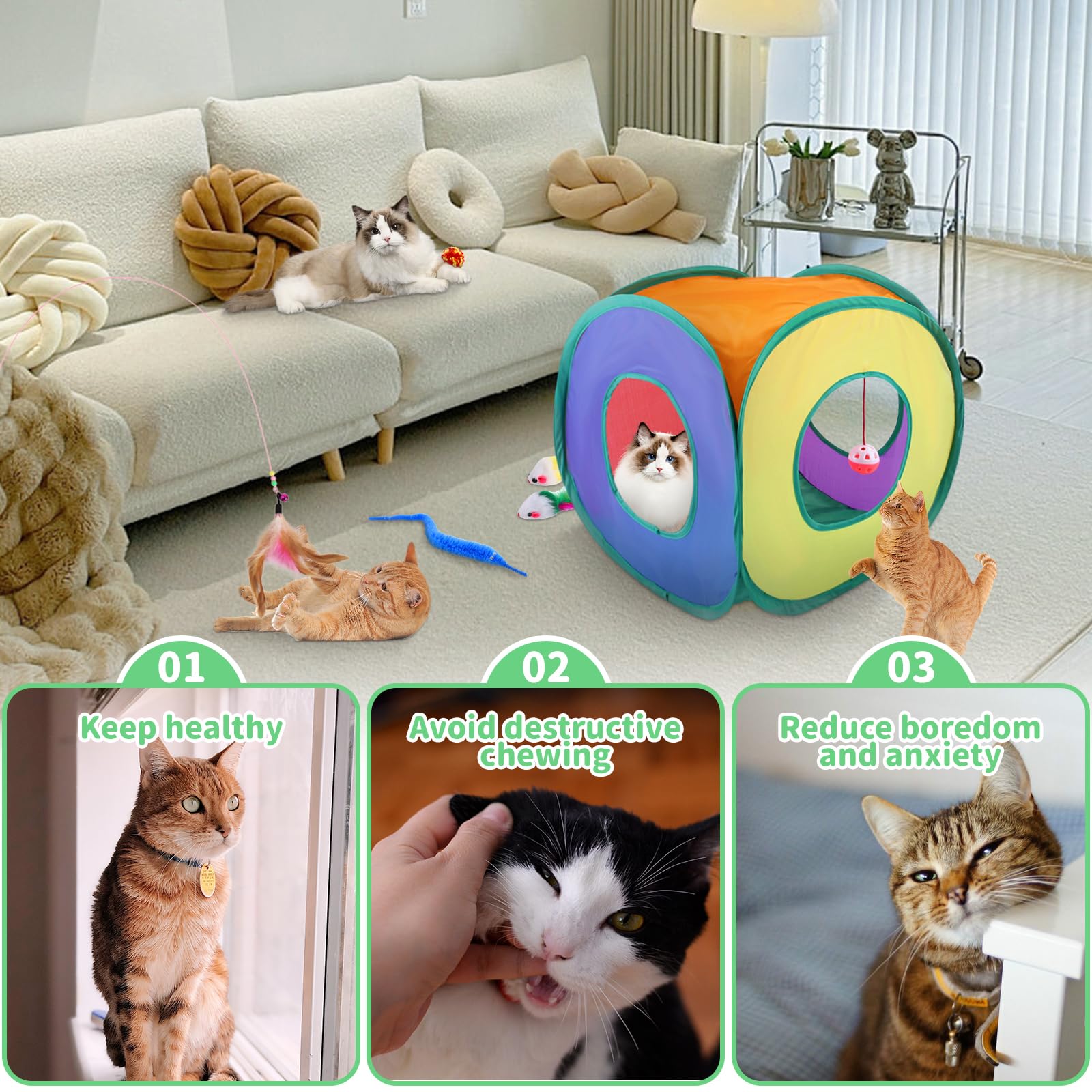 Juguetes para Gatos,38pcs Juguete Interactivo para Gato,Juguetes Gatos con Túnel para Gatos,Ratones,Varita de Plumas,Peces,Bolas y Campanas
