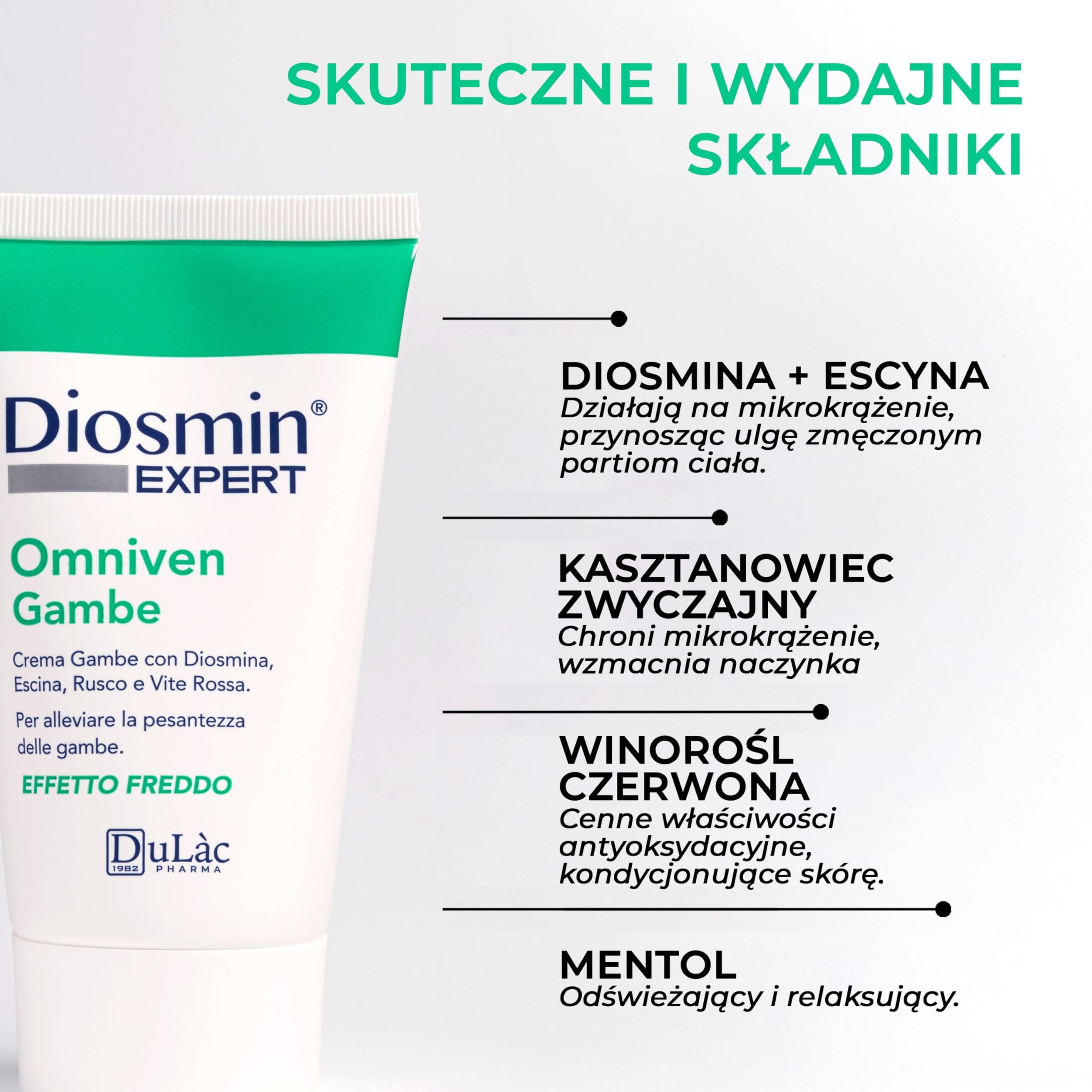 Dulac - Diosmin Omniven Krem do Nóg, Efekt Chłodzenia, 150 ml | Z diosminą, escyną, ruszczykiem i czerwoną winoroślą, dla uczucia lekkich nóg, Made in Italy