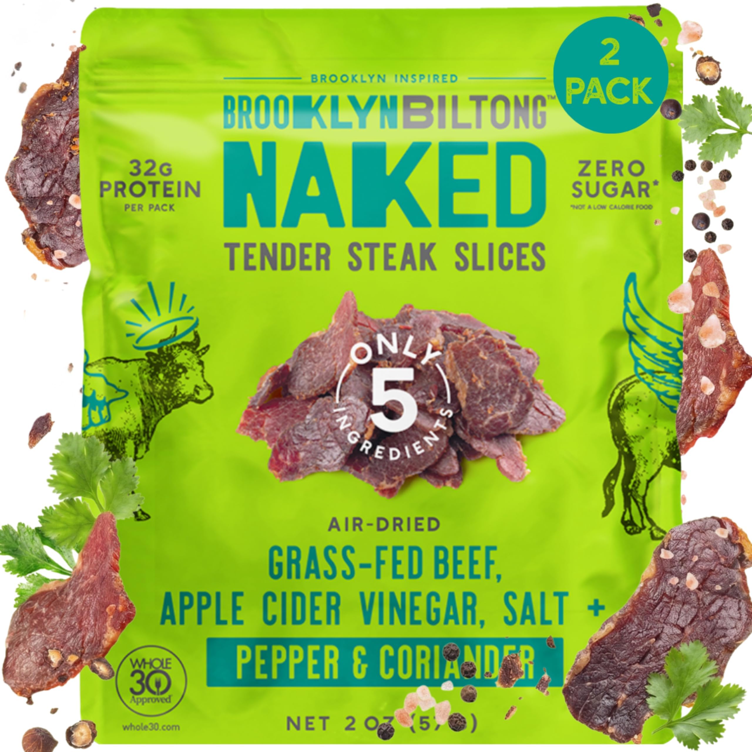 Brooklyn Biltong Air Dried Grass Fed Beef Snack, South African Beef Jerky (2 oz, Pack of 2) - Whole30 Approved, Paleo, Keto, Gluten Free, Sugar Free, Made in USA - (Original)