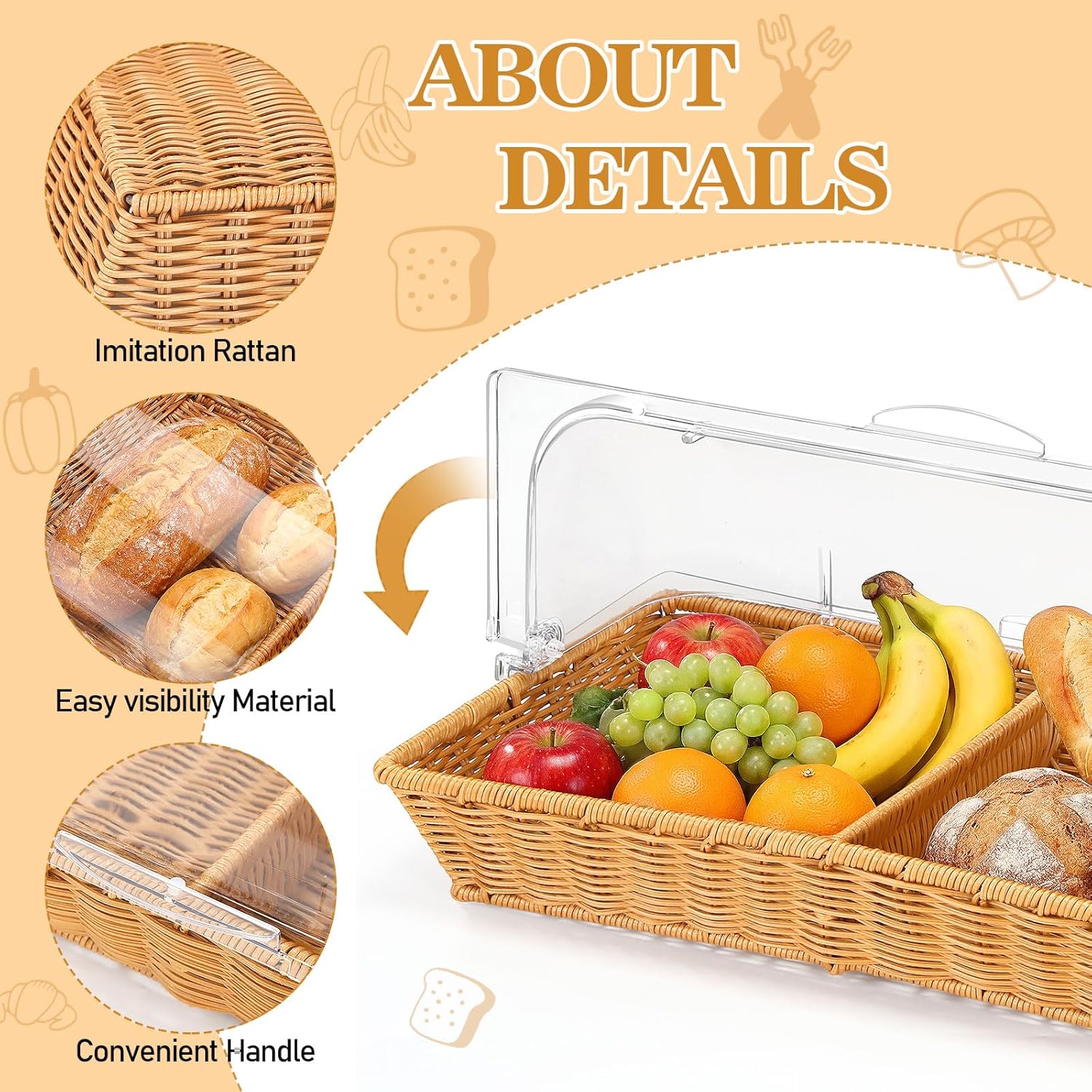 2 Set Wicker Bread Baskets for Serving with Clear Acrylic Roll Top Lid Woven Rattan Bread Basket Large for Fruit Food Easter Baby Shower Birthday Party Picnic(21.26 x 13 Inch,2 Compartment)