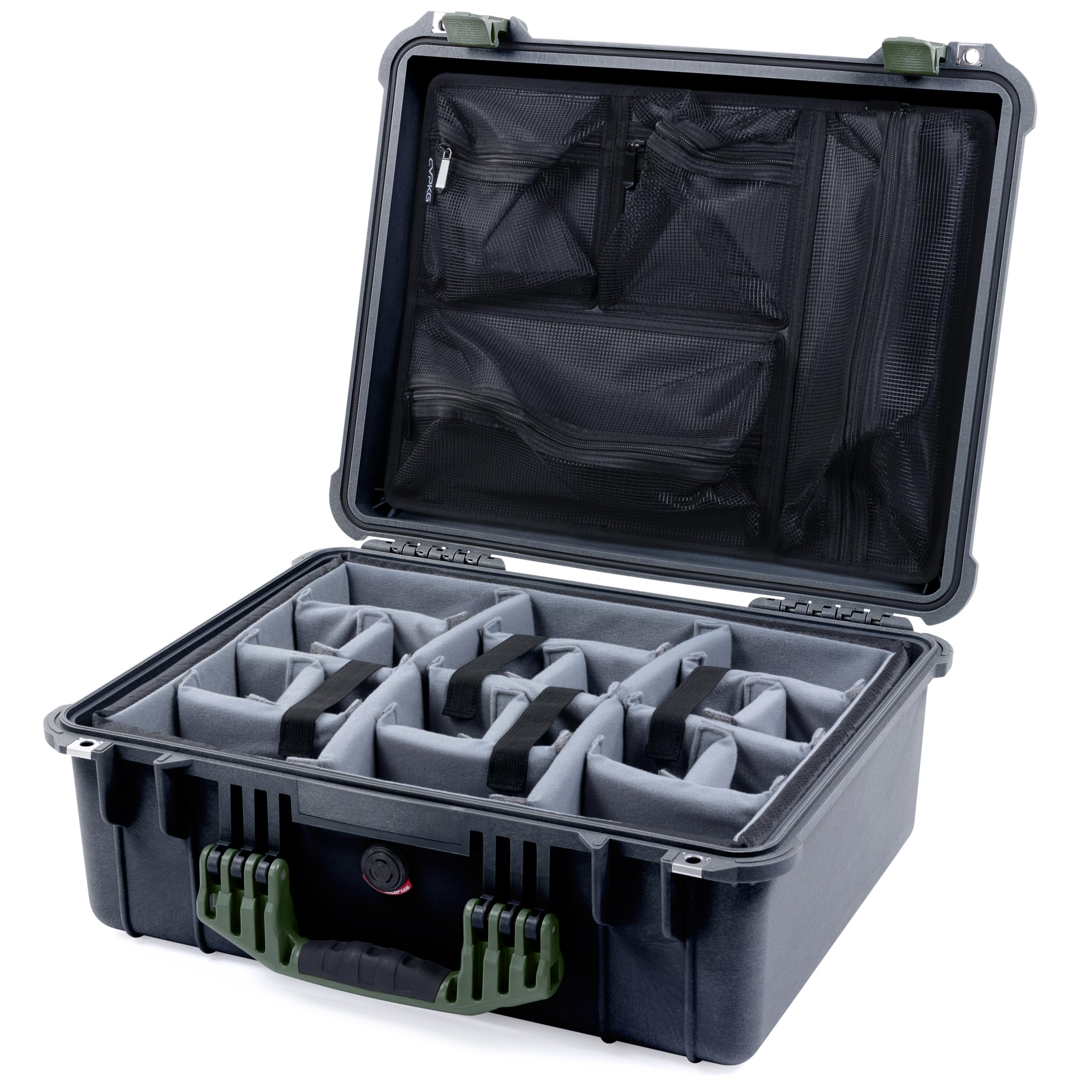 Pelican 1550 Case by ColorCase - Black - Medium Size Waterproof Case with Grey Padded Dividers & Mesh Lid Organizer - OD Green Handles & Latches