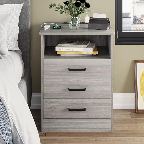 Miniatura 6 de ADORNEVE Mesita de noche gris con 3 cajones con puerto USB mesa auxiliar para dormitorio mesa auxiliar de madera para sofá con cajón deslizante y