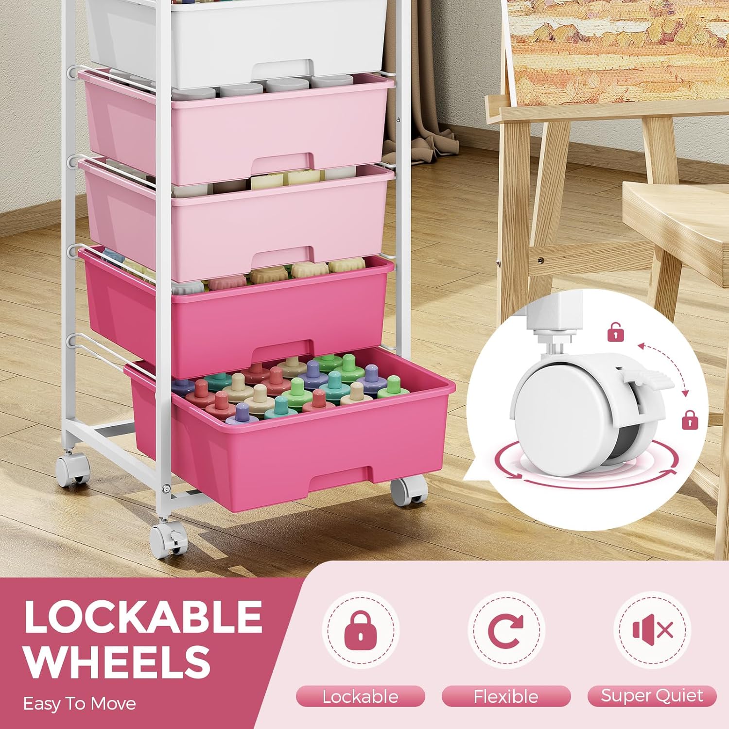 Rolling Storage Cart with 6 Drawers and Wooden Tabletop, Lockable Wheels Utility Cart for Art Studios, Office Supplies & Craft Room Organization (Pink)