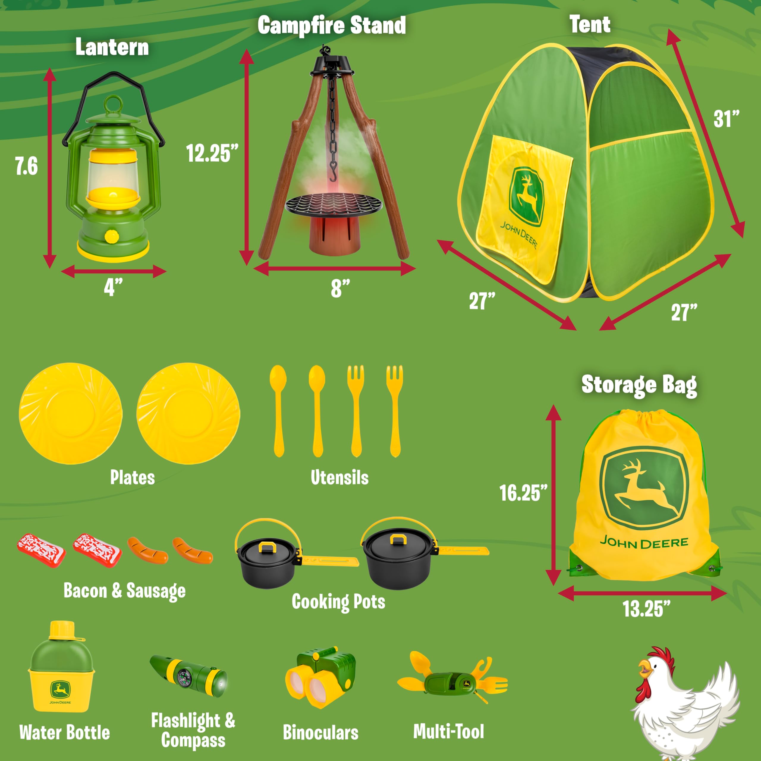 John Deere Tenda da campeggio pop-up, set da 18 pezzi, include mensa, piatti, utensili, cibo da gioco, pentole, binocoli, lanterna e torcia, giochi per interni ed esterni