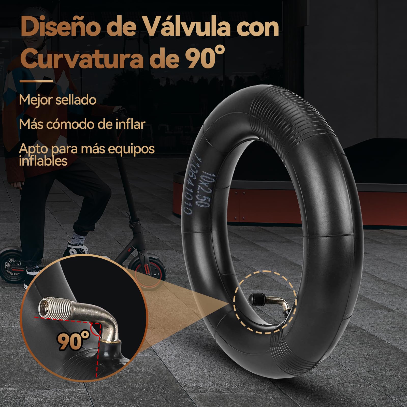 Cámara de Aire Patinete Eléctrico 10 Pulgadas 10x2,50 2MM Engrosada 90° Válvula de Curvatura 60/70-6,5 Neumático Ninebot MAX G30 G30P G30LP