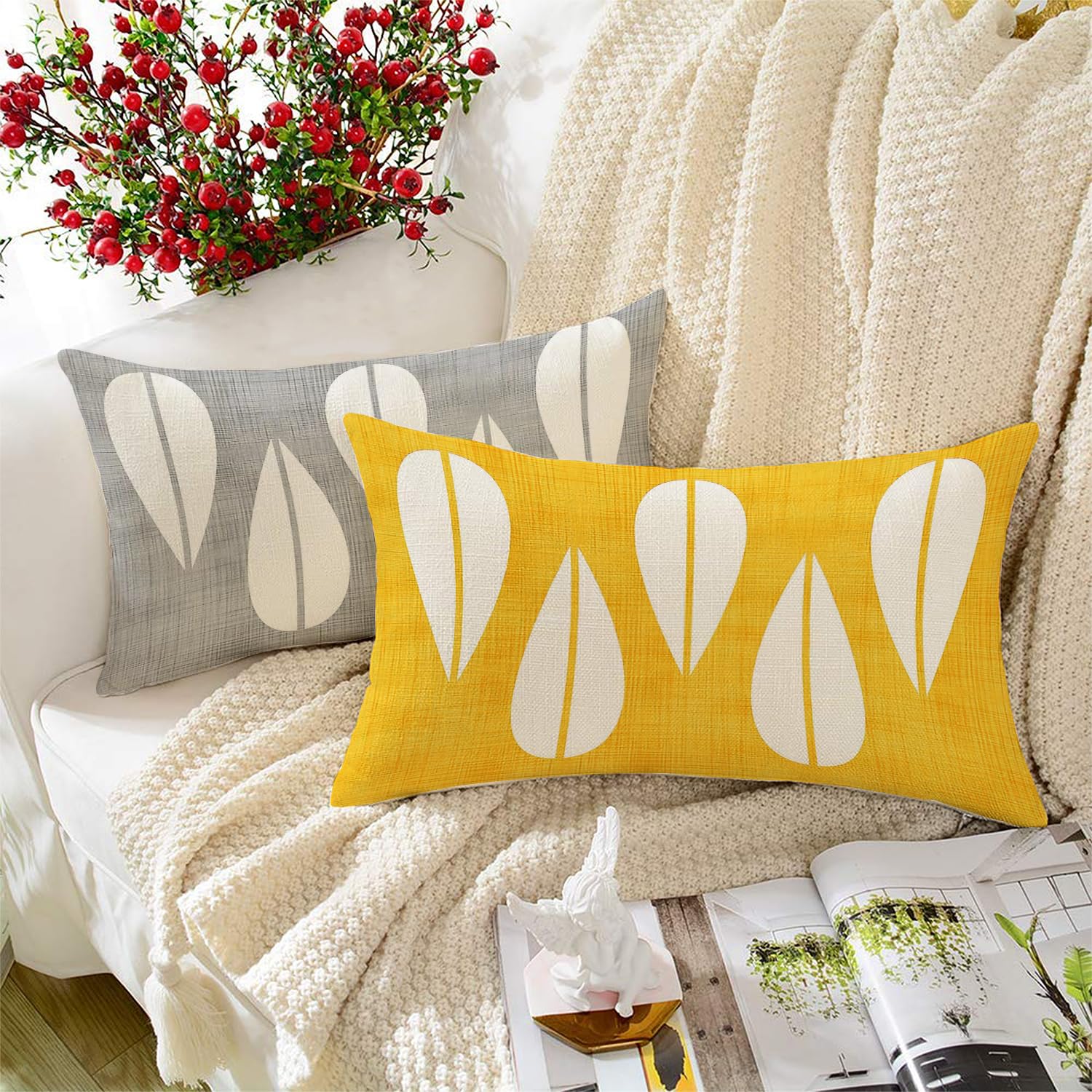 STITCHNEST Leaf Yellow Grey Printed Canvas Cotton Cushion Covers, Set of 2 (12 x 18 Inches)