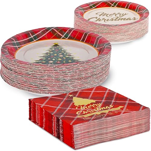 Miniatura 5 de Gatherfun Suministros de fiesta de Navidad, árbol de Navidad, platos desechables de papel a cuadros rojos, platos de postre y servilletas para