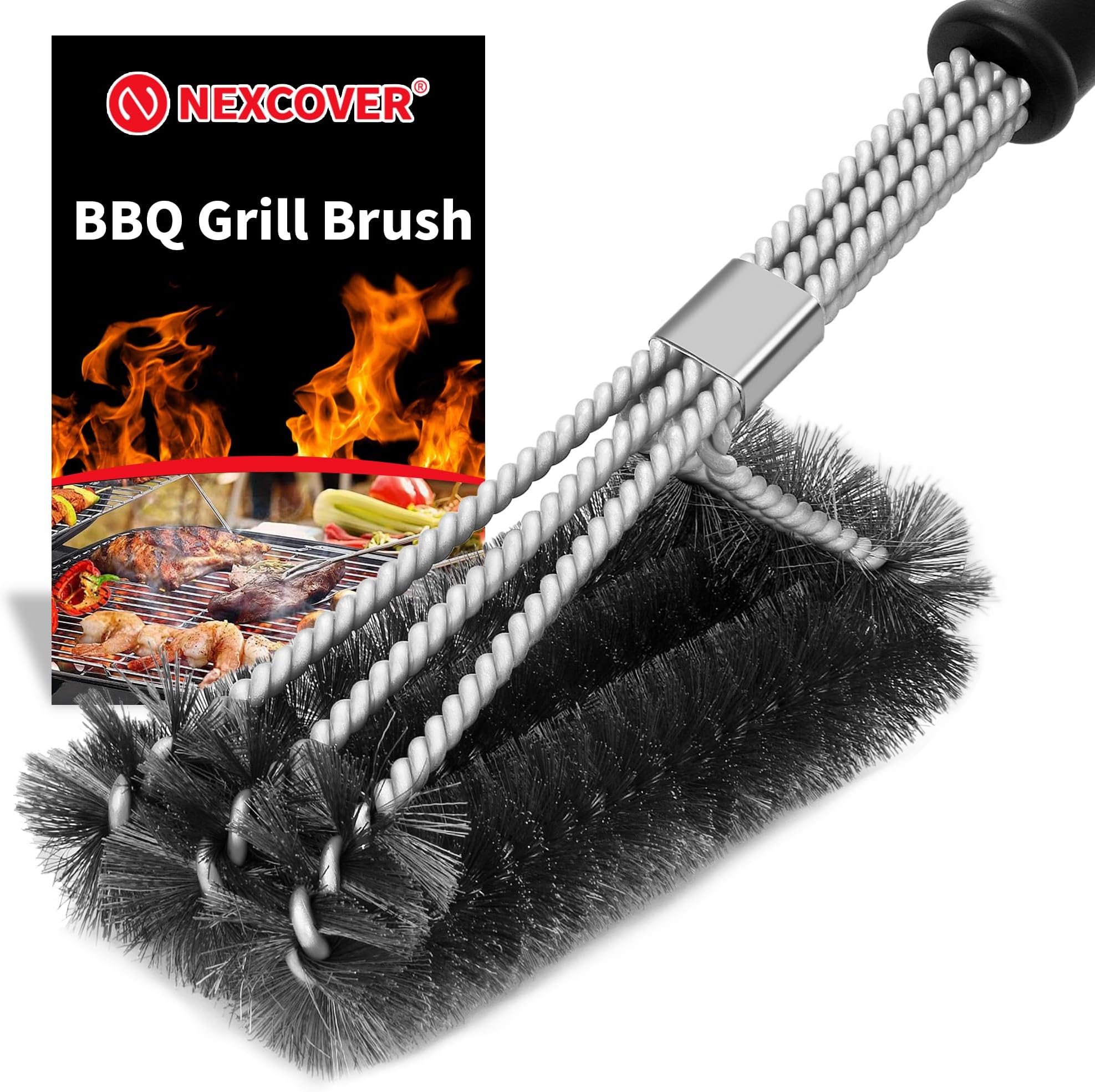 NEXCOVER BBQ Grill Brush โ 18โ Barbecue Cleaning Brush, Stainless Steel Grill Grate Cleaner, Safe Wire Scrubber, 3 in 1 Bristles BBQ Brush, Triple-Headed BBQ Tools, Grill Accessories for Grill Grates