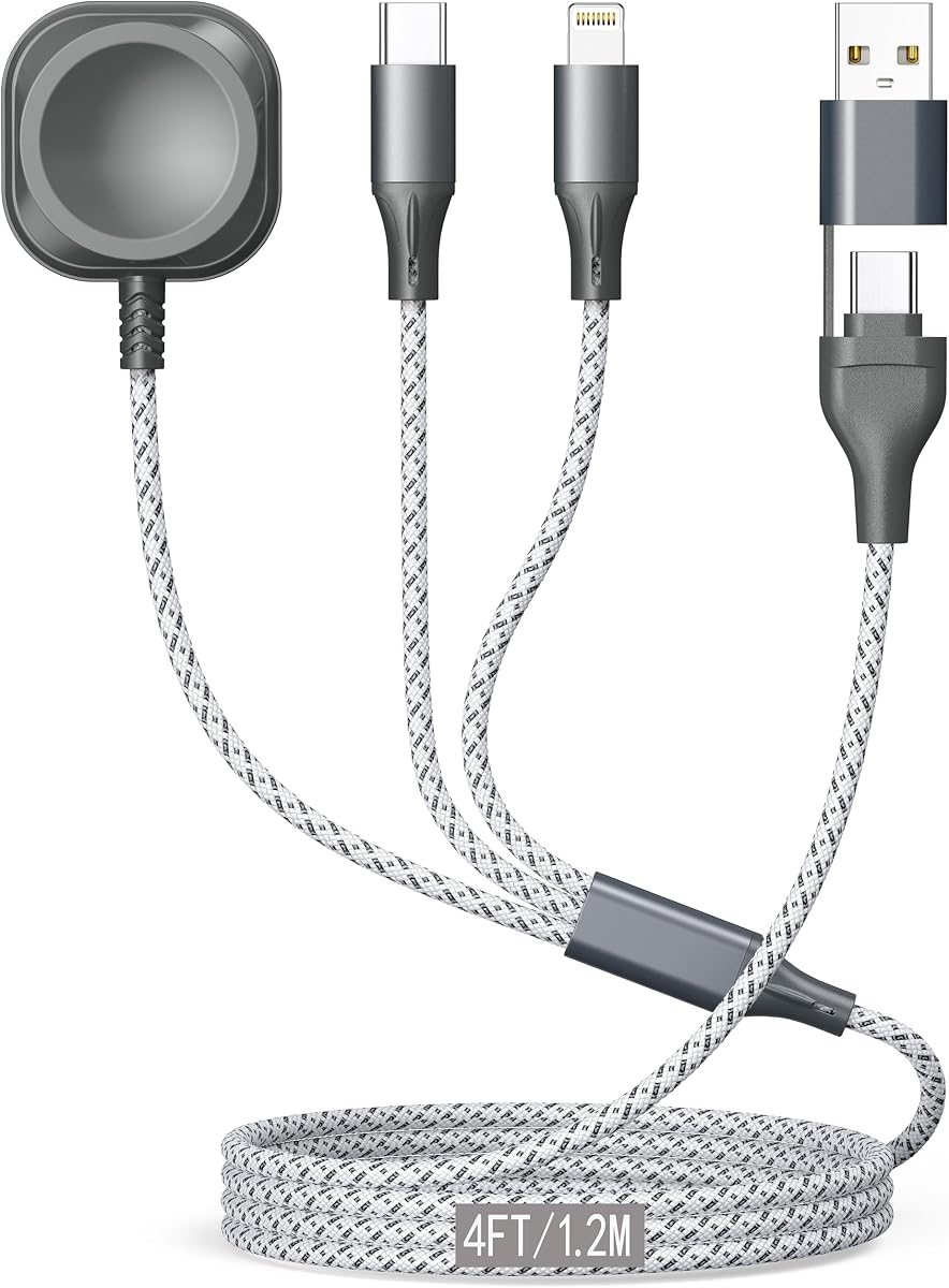 3 in 1 Multi Charging Cable for Apple Watch Charger Fast Charging Cable 4FT | Travel Charging Cords for Multiple Devices with iwatch USB-C Lightining Braided for iWatch Ultra/SE/11-2 iPhone17-5 Kindle